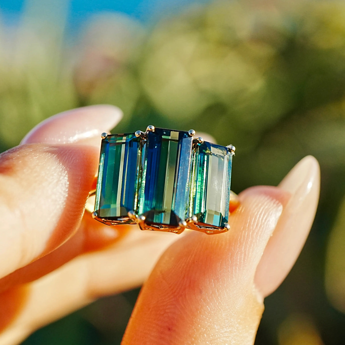 14k yellow gold Eden Trio 4.91 ctw Natural Teal Blue-Green Tourmaline Three-Stone Ring (One-of-a-Kind)