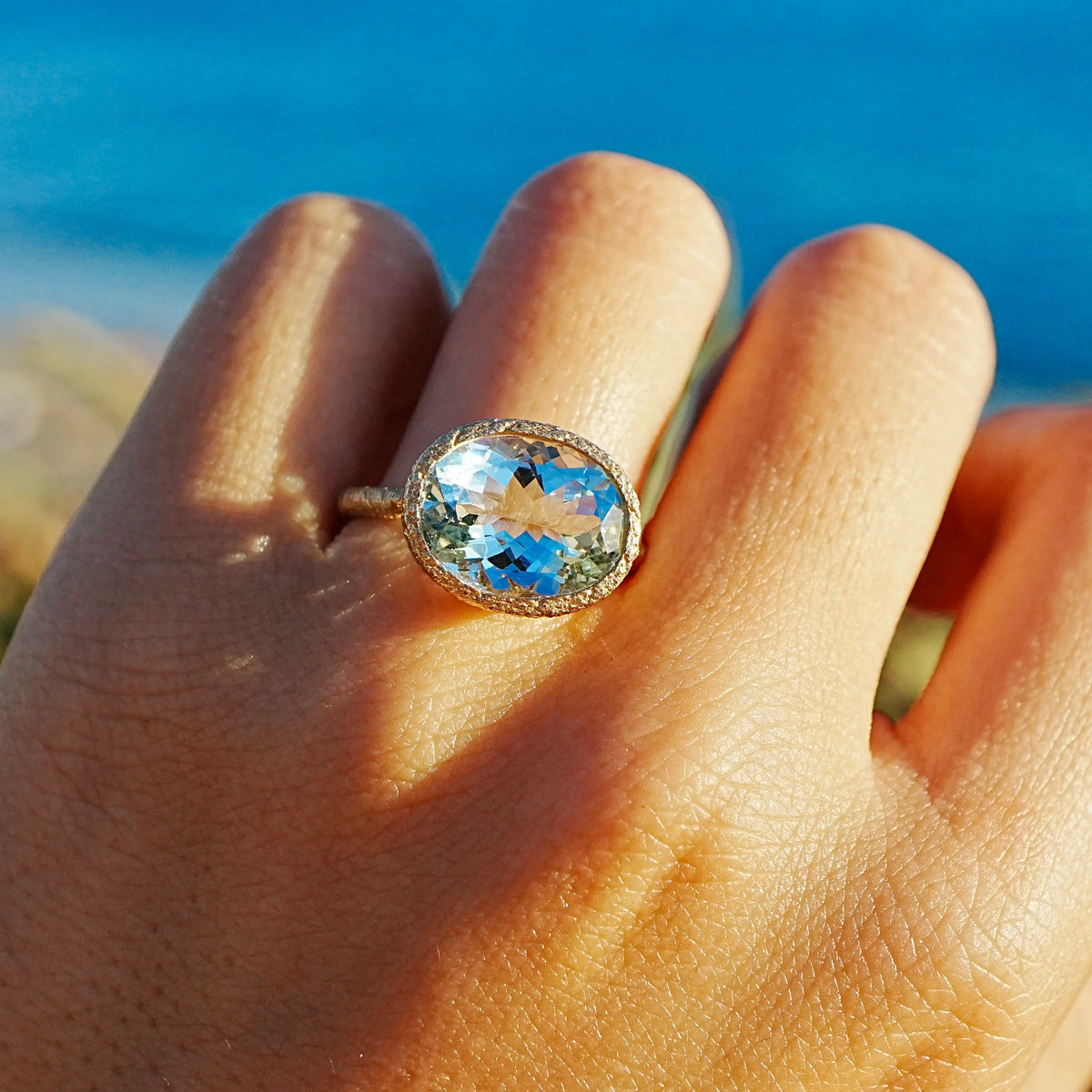 14k yellow gold Aria Arch 4.33 ct AIGS Certified Natural Aquamarine East-West Ring (One-of-a-Kind)