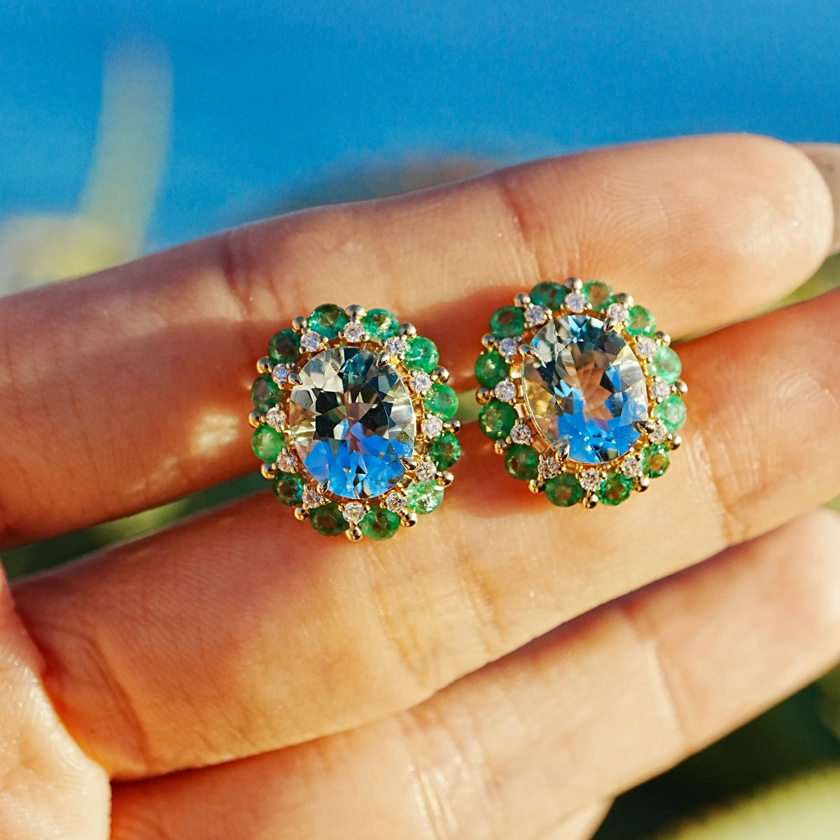 Belle Halo 5.72 ctw AIGS Certified Santa Maria Aquamarine, Emerald & Diamond Earrings (One-of-a-Kind)