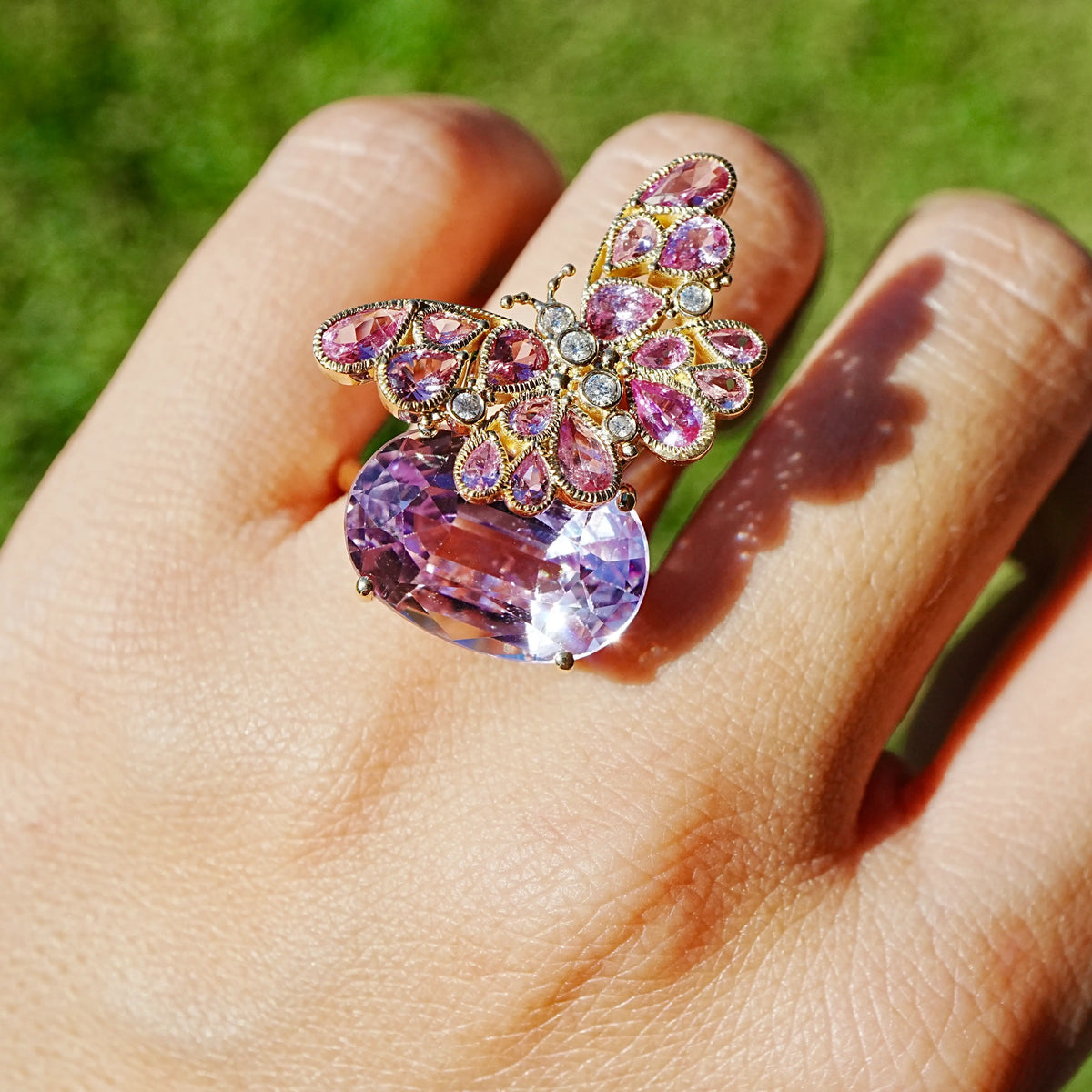Nina Zhou x Kai Butterfly on Rock 13.89 ctw Natural Kunzite, Pink Sapphire & Diamond Ring (One-of-a-Kind) in 14k yellow gold