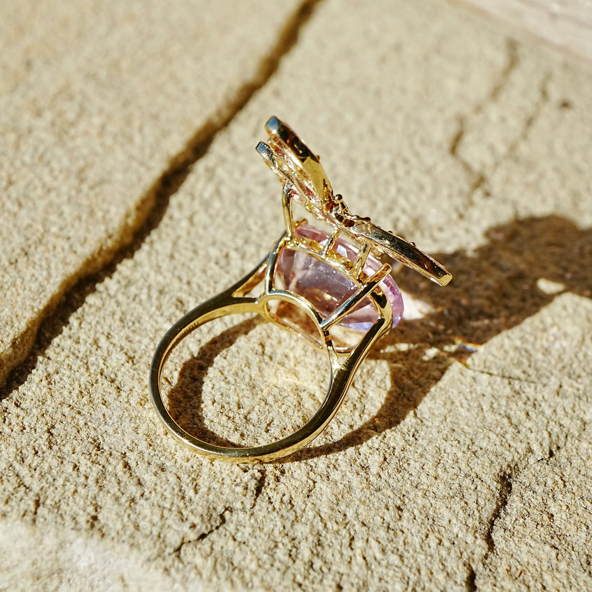 Nina Zhou x Kai Butterfly on Rock 13.89 ctw Natural Kunzite, Pink Sapphire & Diamond Ring (One-of-a-Kind) in 14k yellow gold