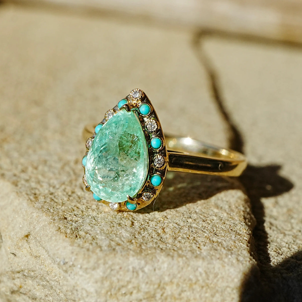14k yellow gold Nina Zhou x Kai Tidal Laguna 2.41 ctw AIGS Certified Natural Paraiba Tourmaline, Turquoise & Diamond Ring (One-of-a-Kind)