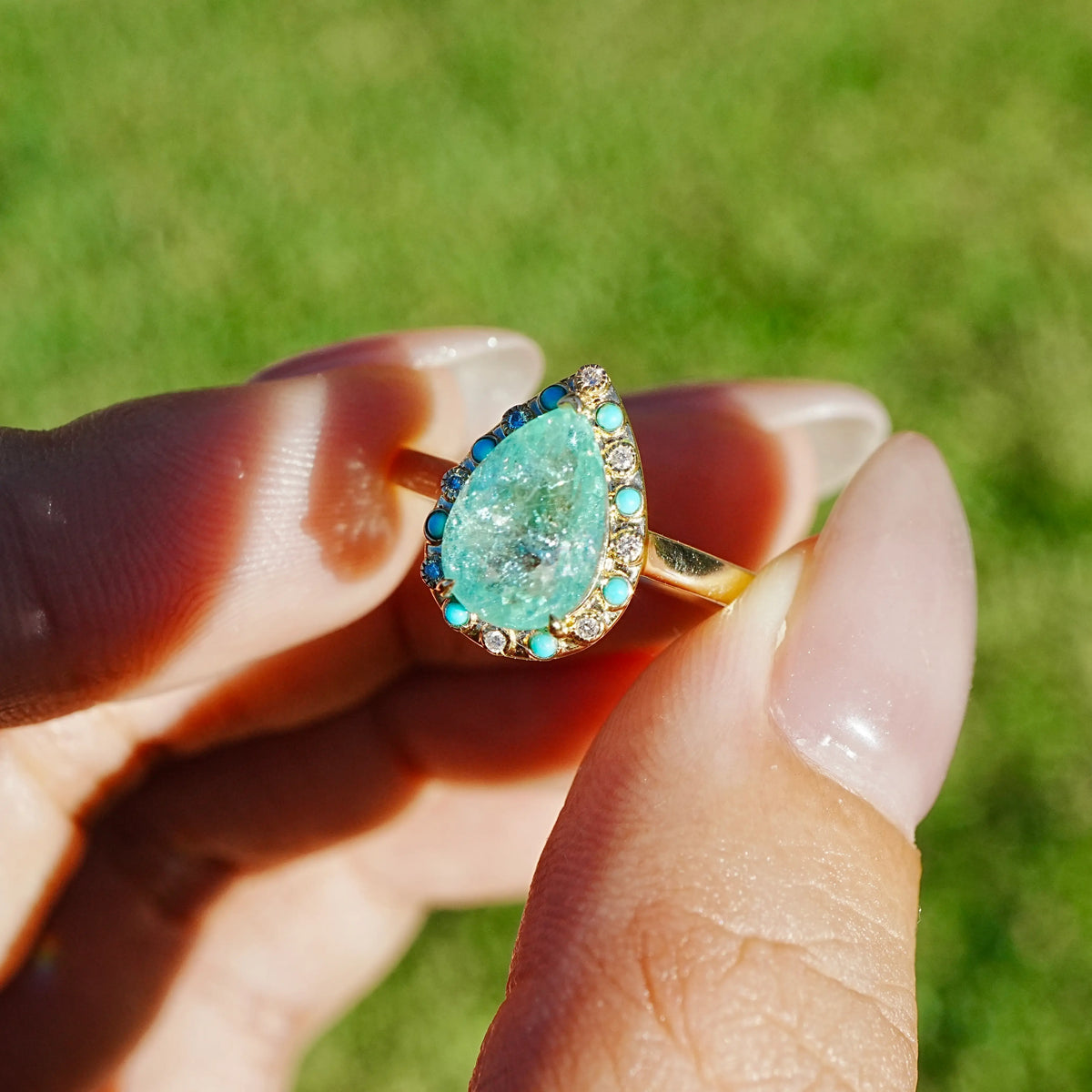 14k yellow gold Nina Zhou x Kai Tidal Laguna 2.41 ctw AIGS Certified Natural Paraiba Tourmaline, Turquoise & Diamond Ring (One-of-a-Kind)