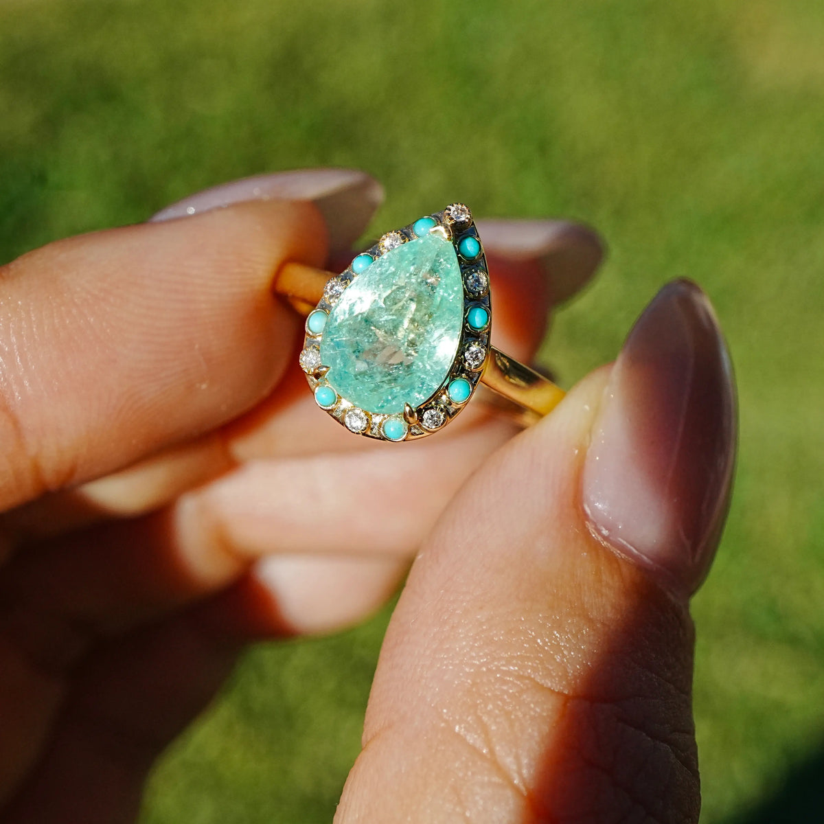 14k yellow gold Nina Zhou x Kai Tidal Laguna 2.41 ctw AIGS Certified Natural Paraiba Tourmaline, Turquoise & Diamond Ring (One-of-a-Kind)