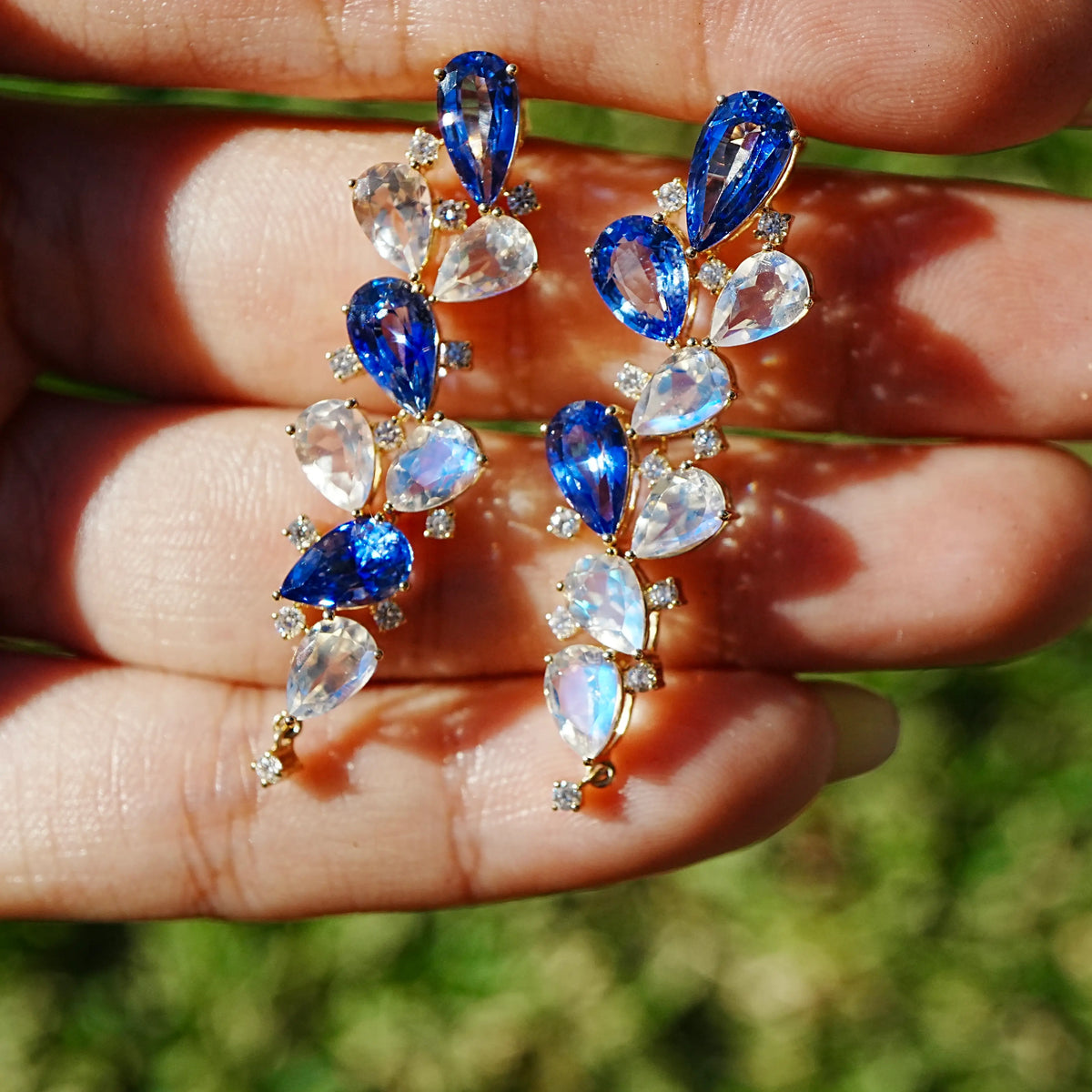 Nina Zhou x Kai Enchanted Grove 9.24 ctw Natural Sapphire, Moonstone & Diamond Drop Earrings (One-of-a-Kind)