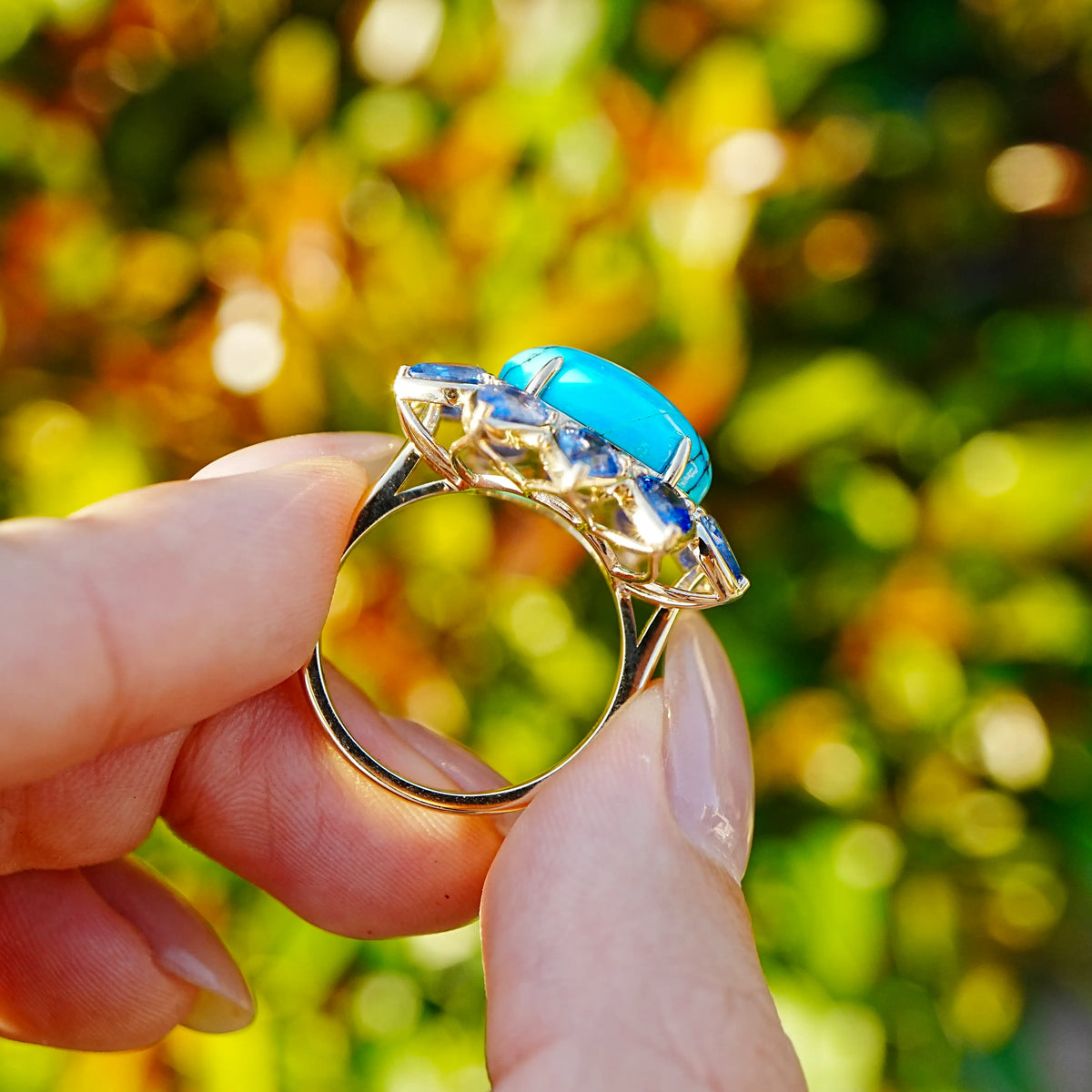 14k yellow gold Bloom Halo 7.01 ctw Natural Turquoise & Blue Sapphire East-West Ring (One-of-a-Kind)
