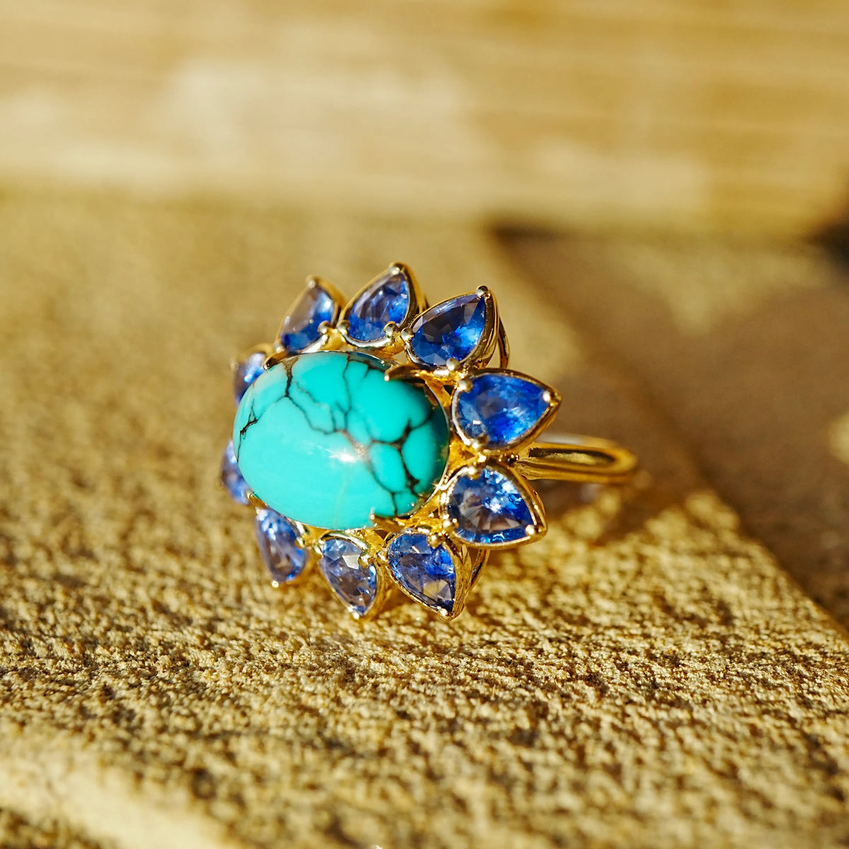 14k yellow gold Bloom Halo 7.01 ctw Natural Turquoise & Blue Sapphire East-West Ring (One-of-a-Kind)