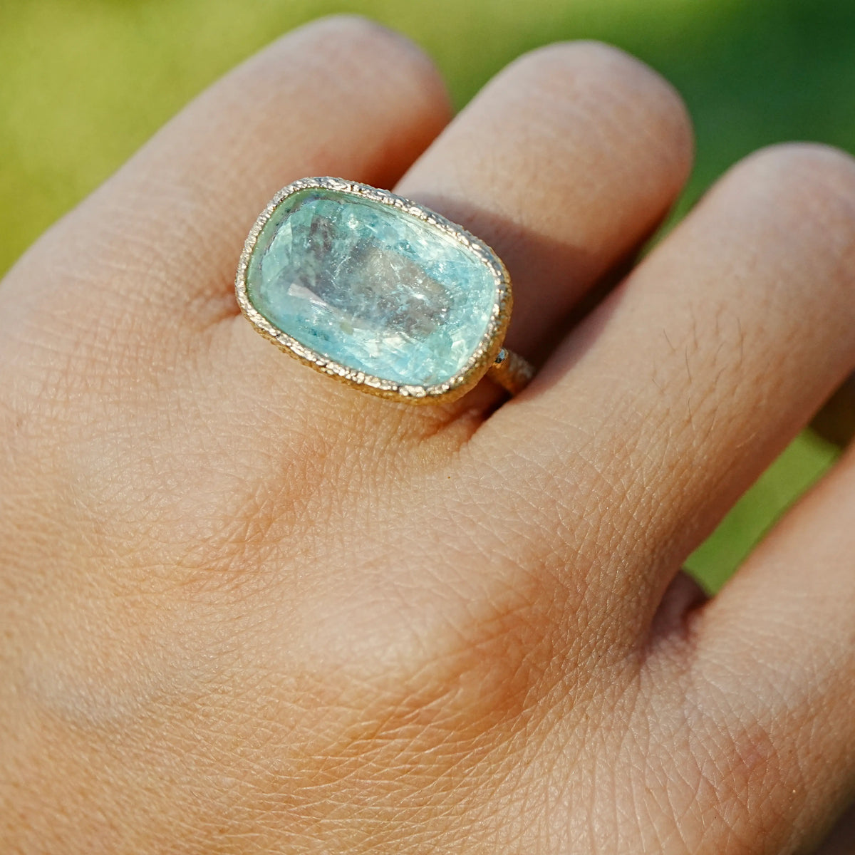 14k yellow gold Aria Arch AIGS Certified 9.47ct Natural Paraiba Tourmaline East-West Ring (One-of-a-Kind)