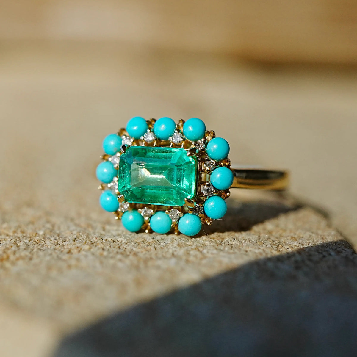 14k yellow gold Belle Halo 1.55 ctw AIGS Certified Natural Emerald, Turquoise & Diamond Earrings (One-of-a-Kind) US 7