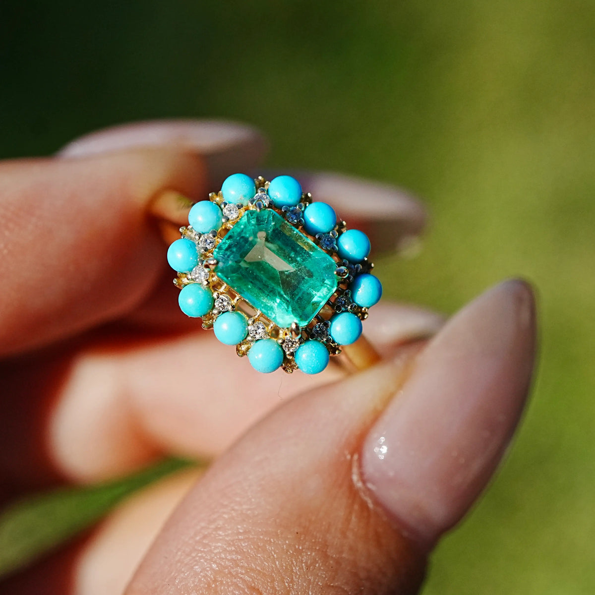 14k yellow gold Belle Halo 1.55 ctw AIGS Certified Natural Emerald, Turquoise & Diamond Earrings (One-of-a-Kind) US 7