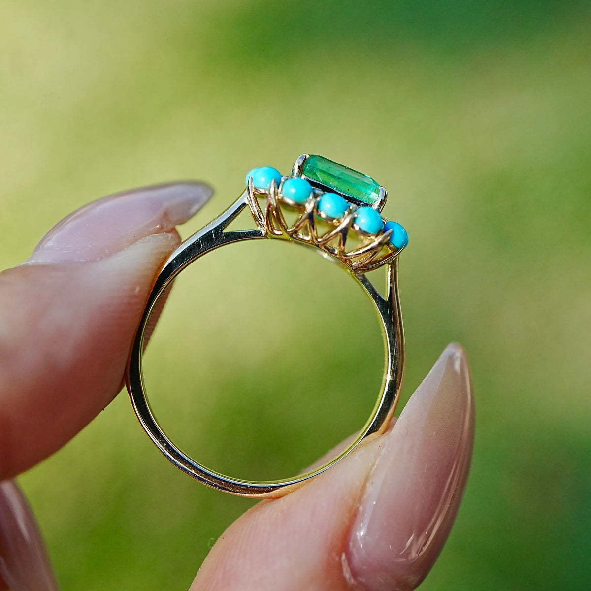 14k yellow gold Belle Halo 1.55 ctw AIGS Certified Natural Emerald, Turquoise & Diamond Earrings (One-of-a-Kind) US 7