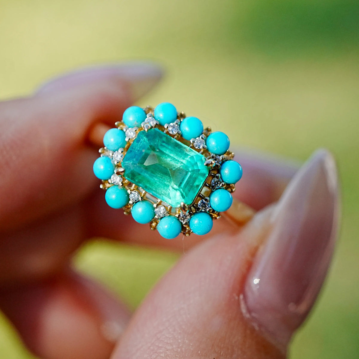 14k yellow gold Belle Halo 1.55 ctw AIGS Certified Natural Emerald, Turquoise & Diamond Earrings (One-of-a-Kind) US 7