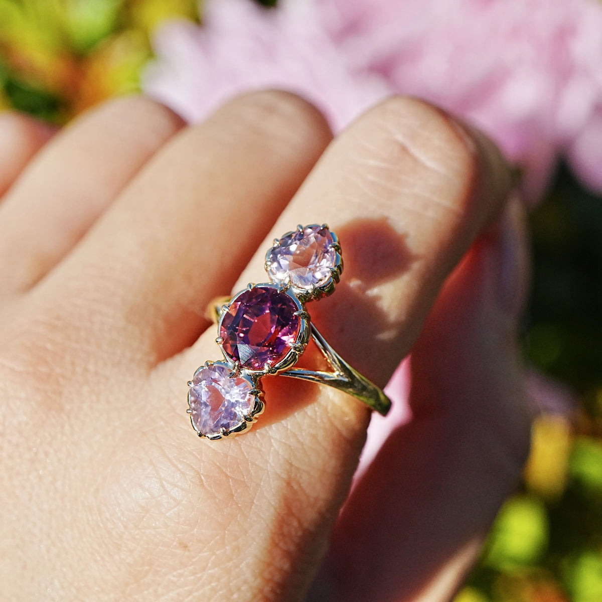 14k yellow gold Aurea 3.77 ctw Natural Rose Tourmaline Three-Stone Ring (One-of-a-Kind)