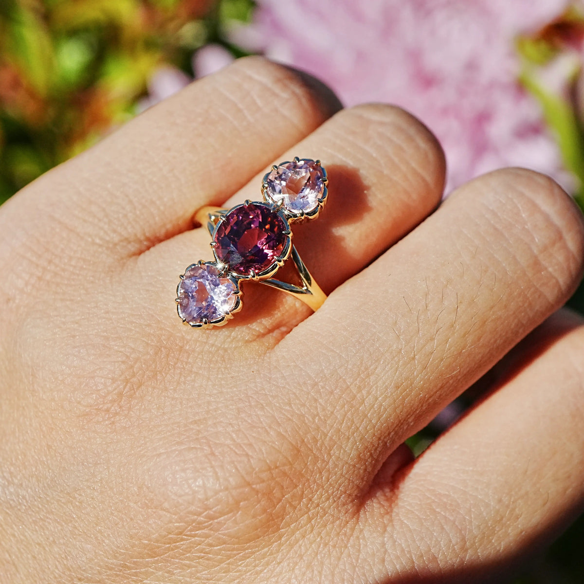 14k yellow gold Aurea 3.77 ctw Natural Rose Tourmaline Three-Stone Ring (One-of-a-Kind)