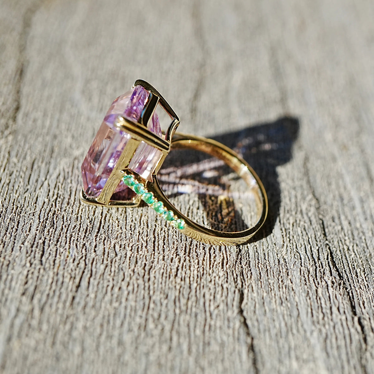 14k yellow gold Radiant 15.01 ctw Natural Kunzite & Emerald Ring (One-of-a-Kind)