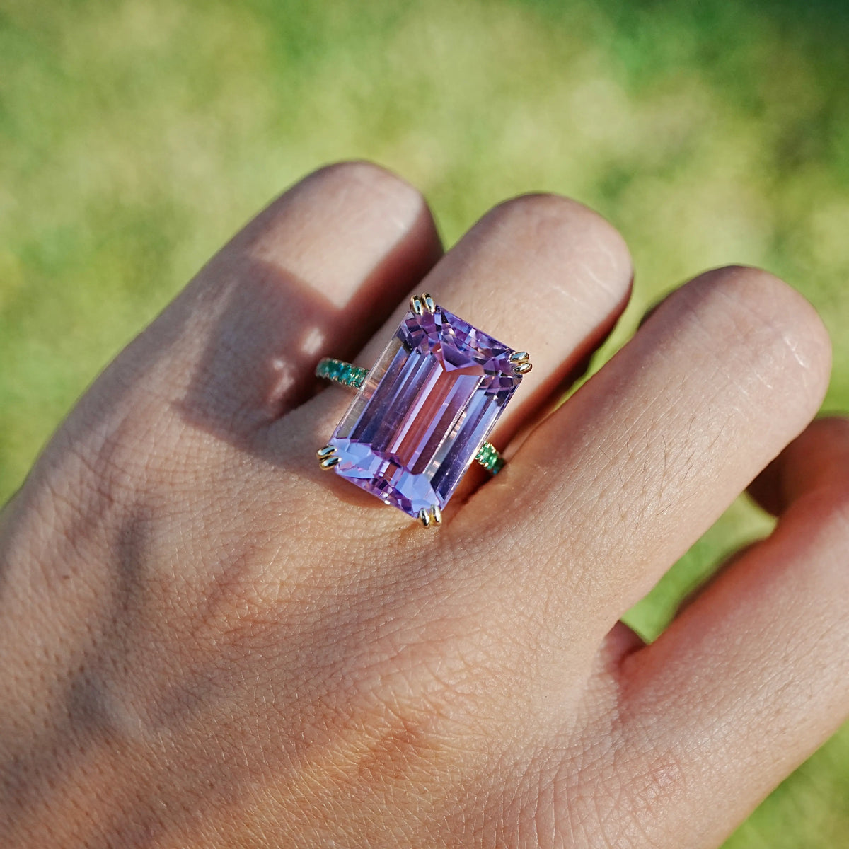 14k yellow gold Radiant 15.01 ctw Natural Kunzite & Emerald Ring (One-of-a-Kind)