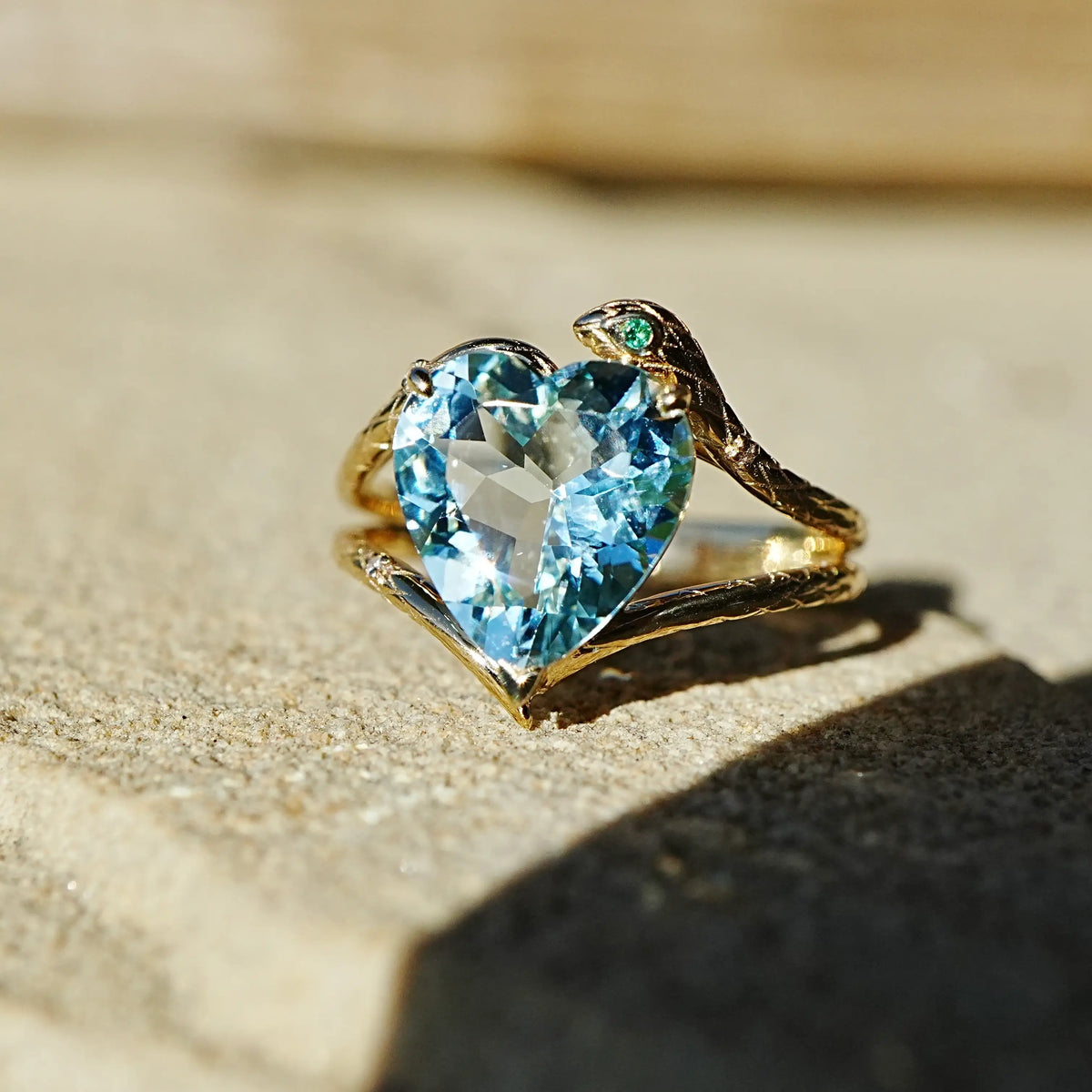 14k yellow gold Serpent Embrace 2.69 ctw Natural Heart Aquamarine, Emerald & Diamond Ring (One-of-a-Kind)