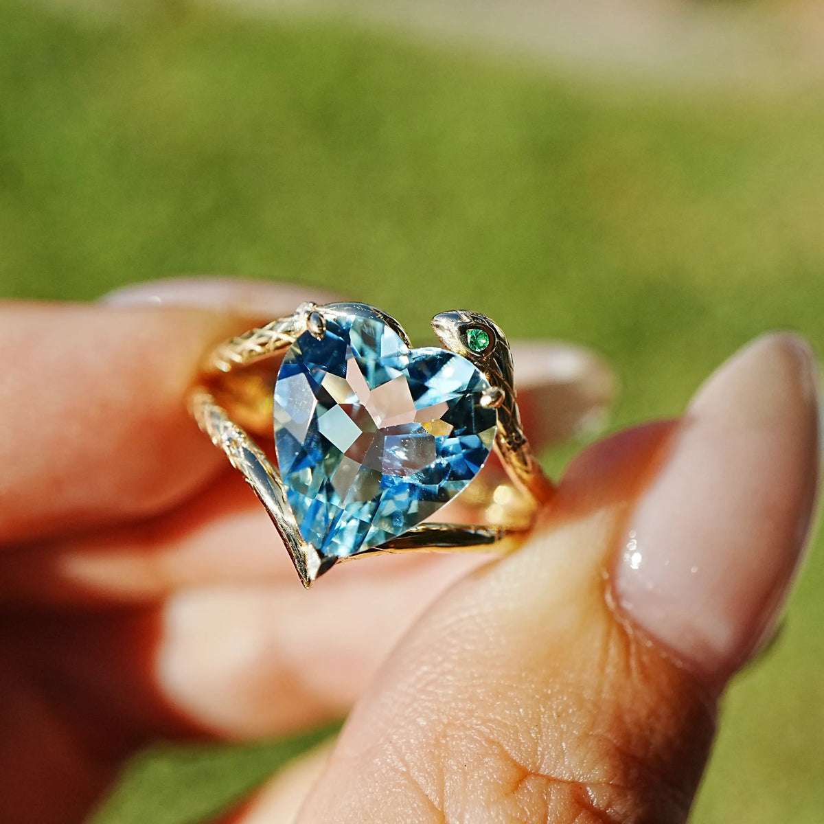 14k yellow gold Serpent Embrace 2.69 ctw Natural Heart Aquamarine, Emerald & Diamond Ring (One-of-a-Kind)