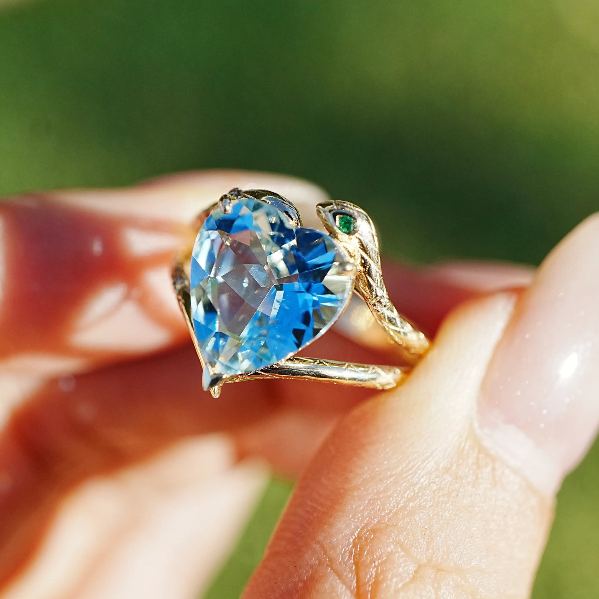 14k yellow gold Serpent Embrace 2.69 ctw Natural Heart Aquamarine, Emerald & Diamond Ring (One-of-a-Kind)