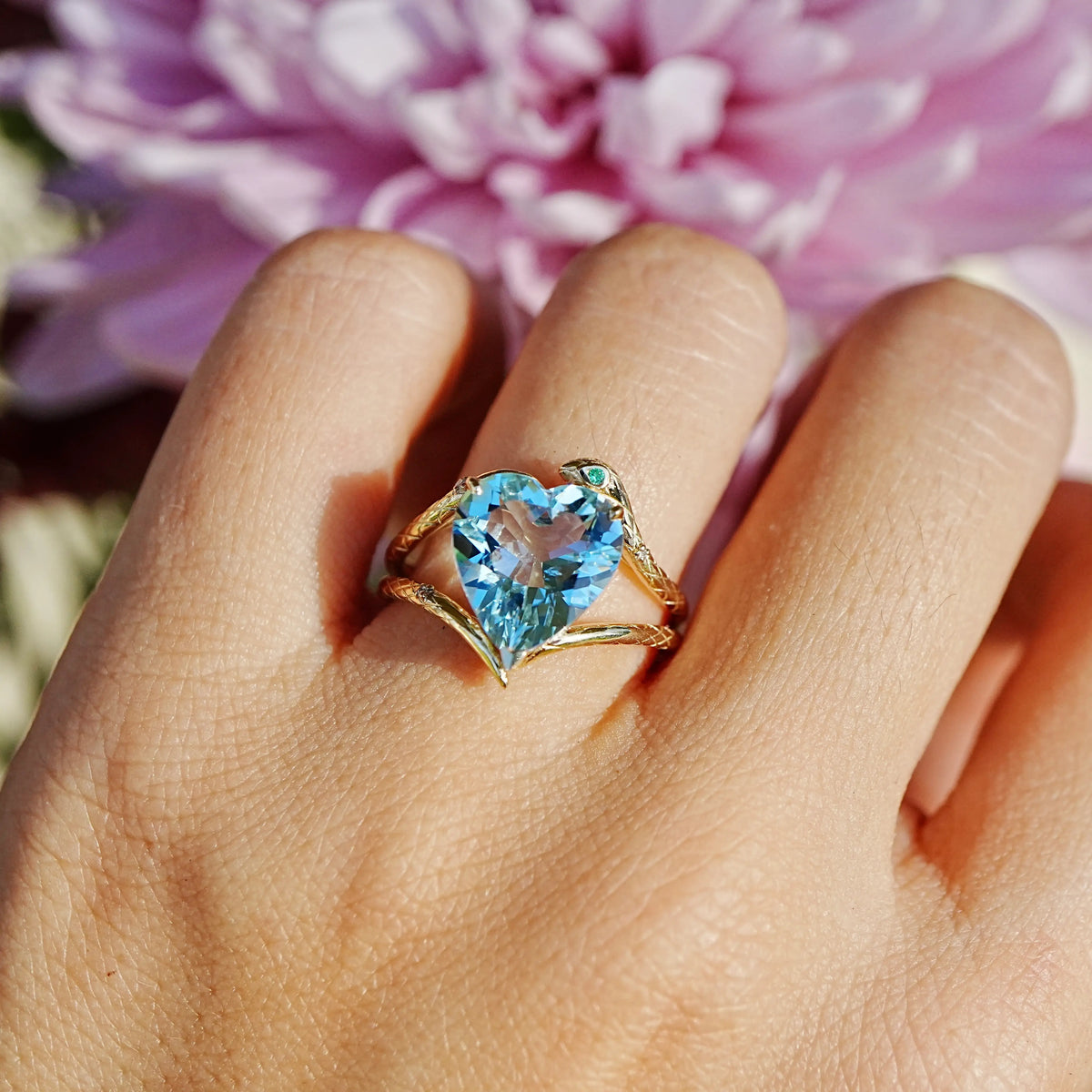 14k yellow gold Serpent Embrace 2.69 ctw Natural Heart Aquamarine, Emerald & Diamond Ring (One-of-a-Kind)