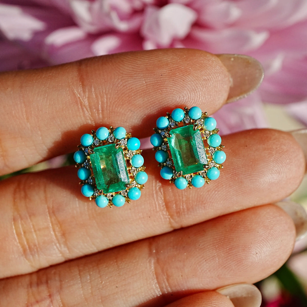 14k yellow gold Belle Halo 2.87 ctw AIGS Certified Natural Emerald, Turquoise & Diamond Earrings (One-of-a-Kind)
