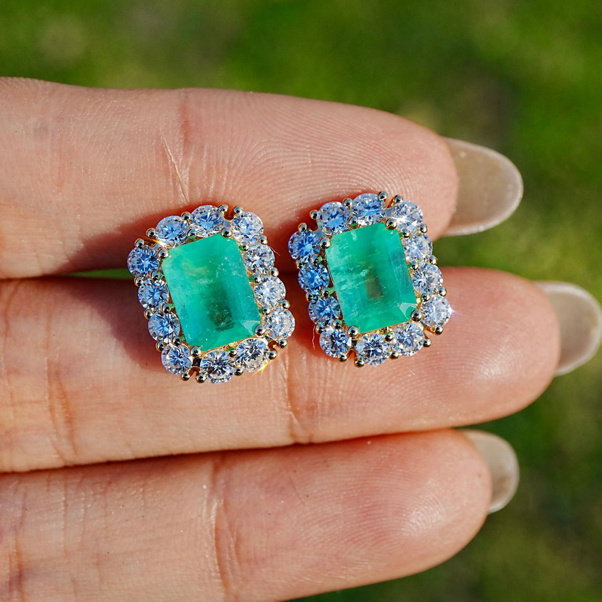 14k yellow gold Eden Halo 4.87 ctw Natural Emerald & Lab Grown Diamond Earrings (One-of-a-Kind)