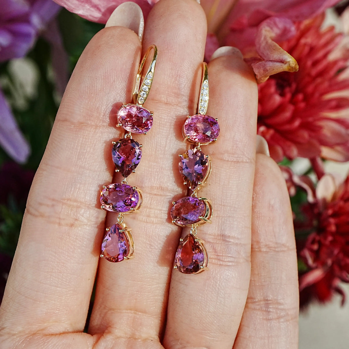 14k yellow gold Garden Melody 8.43 ctw Natural Rose Tourmaline & Diamond Drop Earrings (One-of-a-Kind)