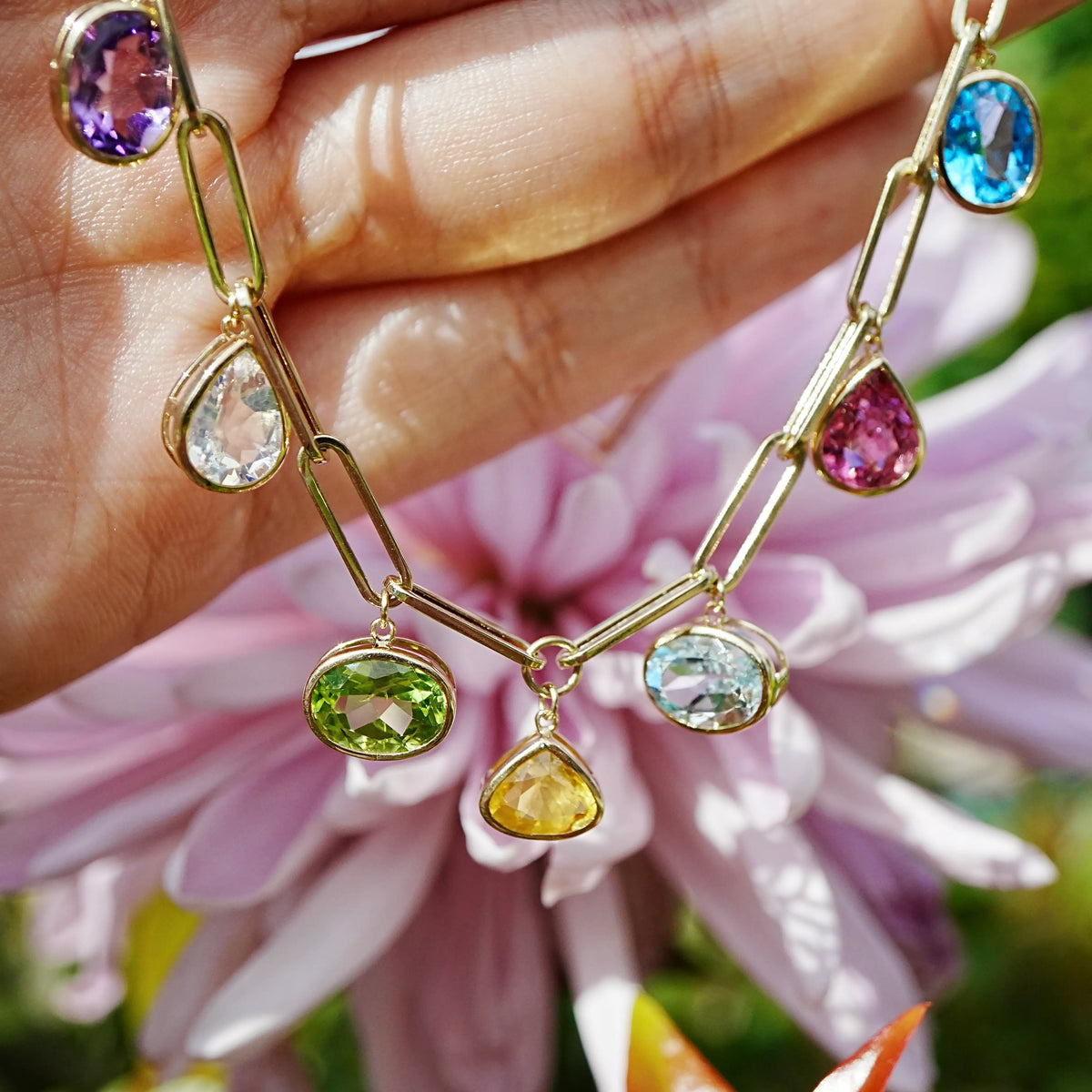 14k yellow gold Earthlight 7.32 ctw Natural Sapphire & Aquamarine Seven-Gemstone Paperclip Chain Necklace (One-of-a-Kind)