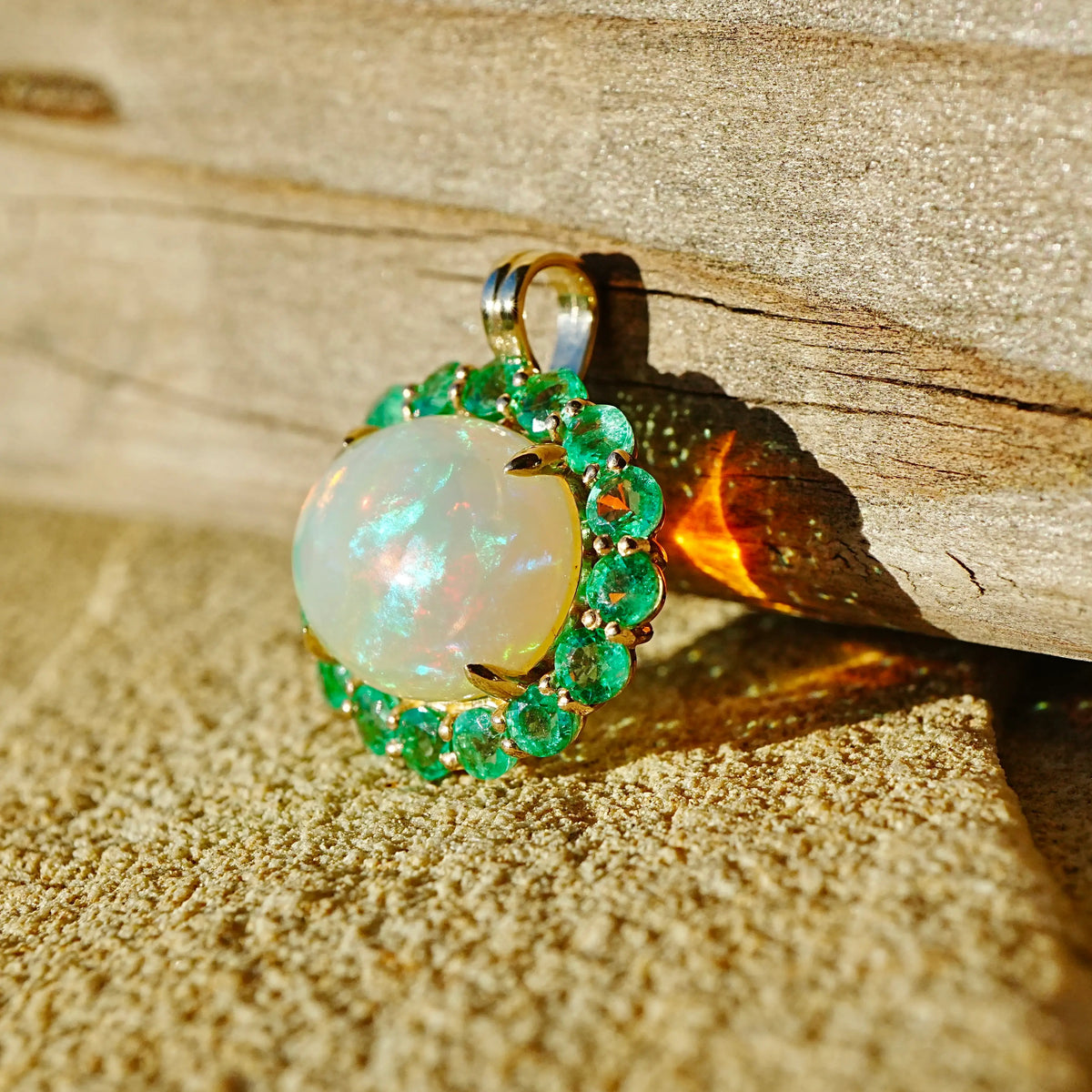 14k yellow gold Eden Halo 6.68 ctw Natural Opal & Emerald Diamond Lock Paperclip Chain Necklace (One-of-a-Kind)