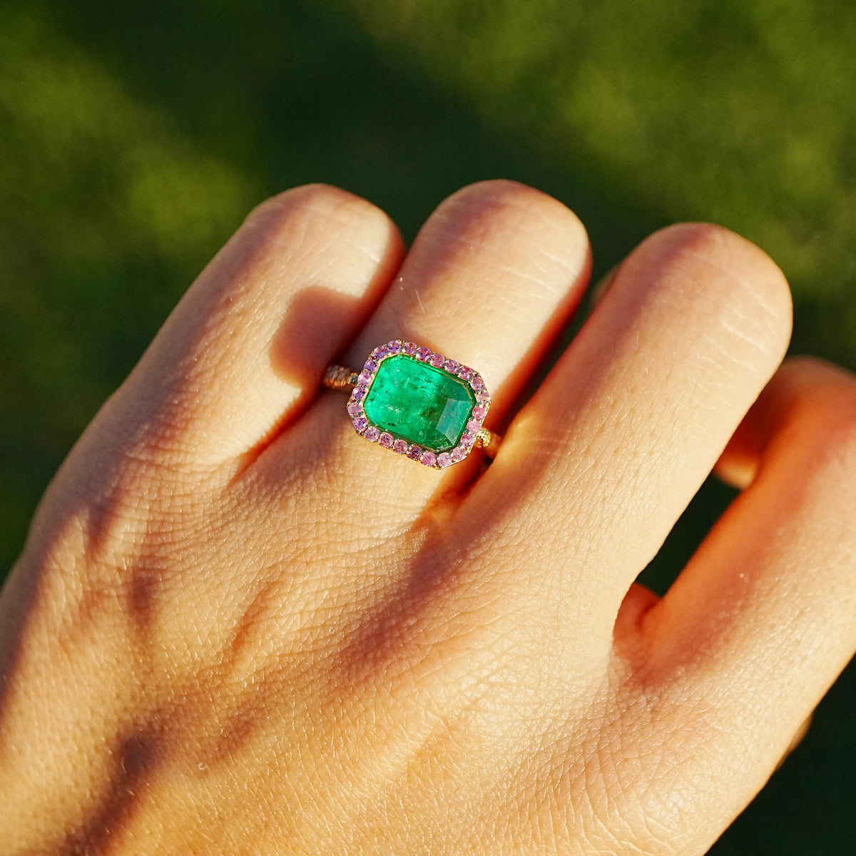 14k yellow gold Aria Arch 2.37 ctw Natural Emerald & Pink Sapphire East-West Ring (One-of-a-Kind)