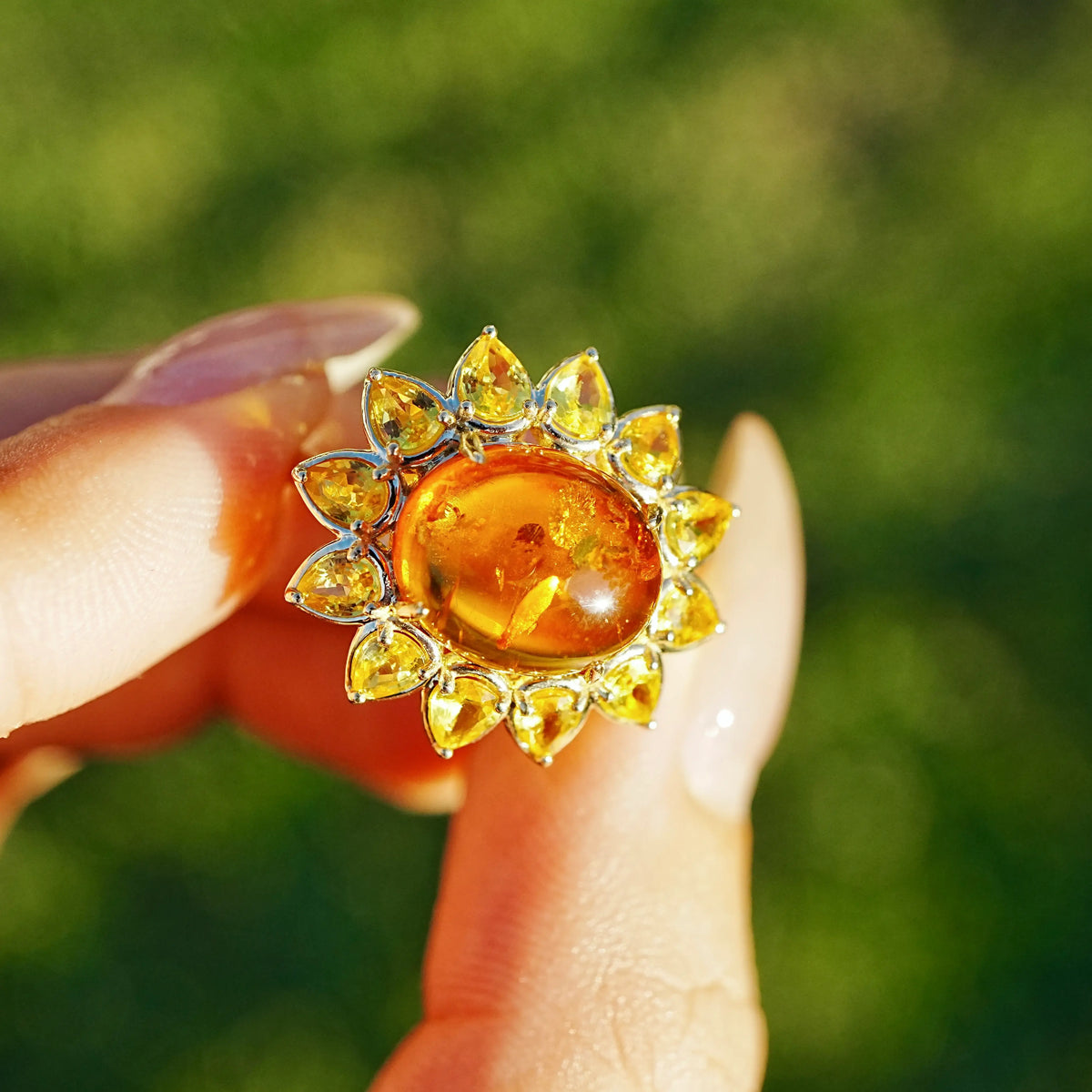 14k yellow gold Bloom Halo 3.82 ctw Natural Amber & Yellow Sapphire East-West Ring (One-of-a-Kind)