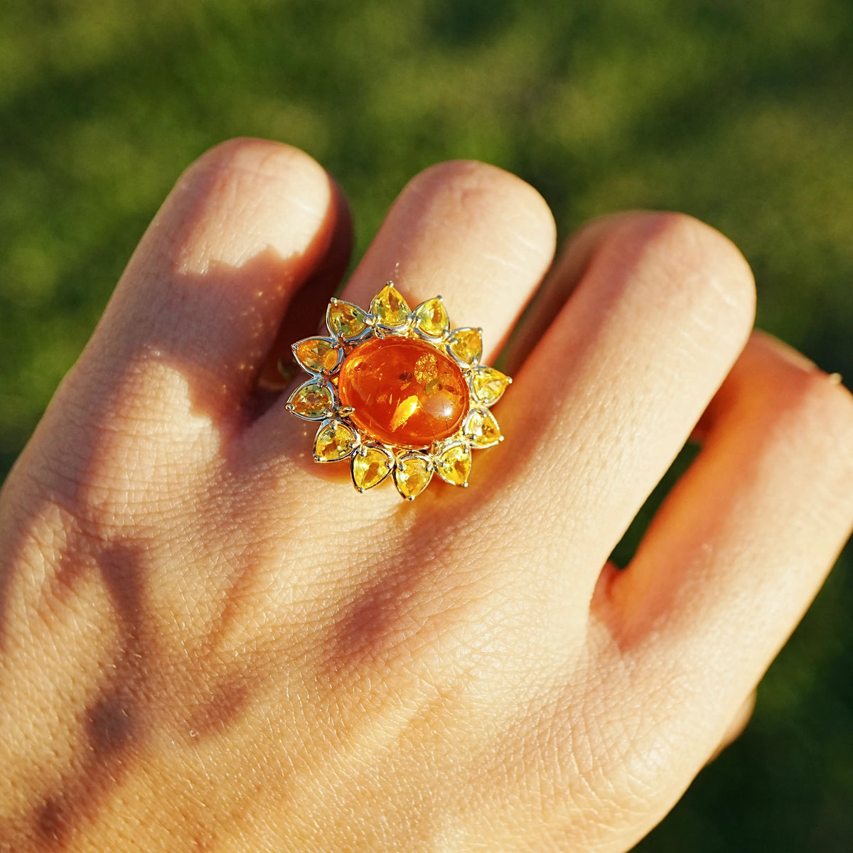 14k yellow gold Bloom Halo 3.82 ctw Natural Amber & Yellow Sapphire East-West Ring (One-of-a-Kind)