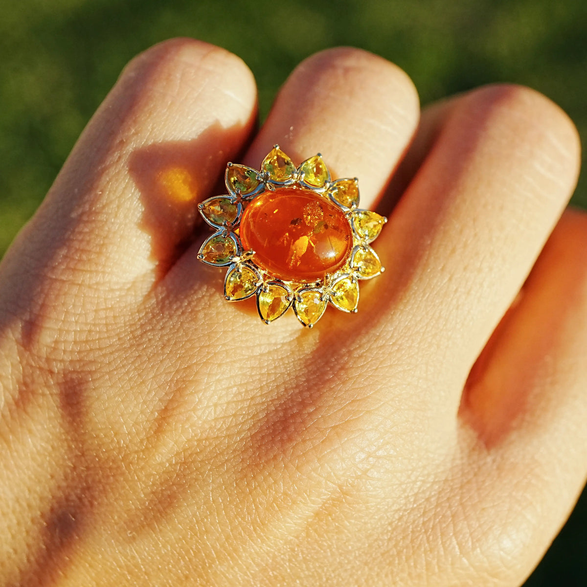 14k yellow gold Bloom Halo 3.82 ctw Natural Amber & Yellow Sapphire East-West Ring (One-of-a-Kind)