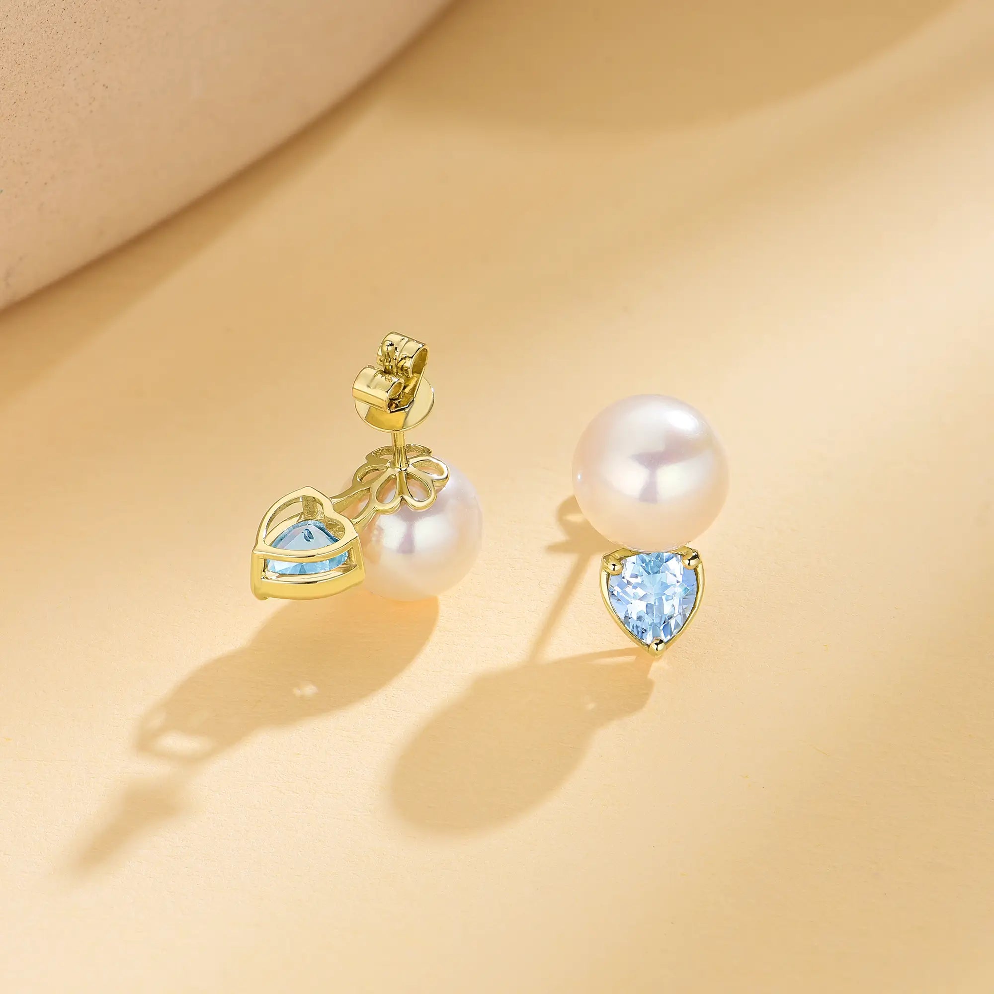 Venus Natural Heart Aquamarine Pearl Stud Earrings 14k yellow gold