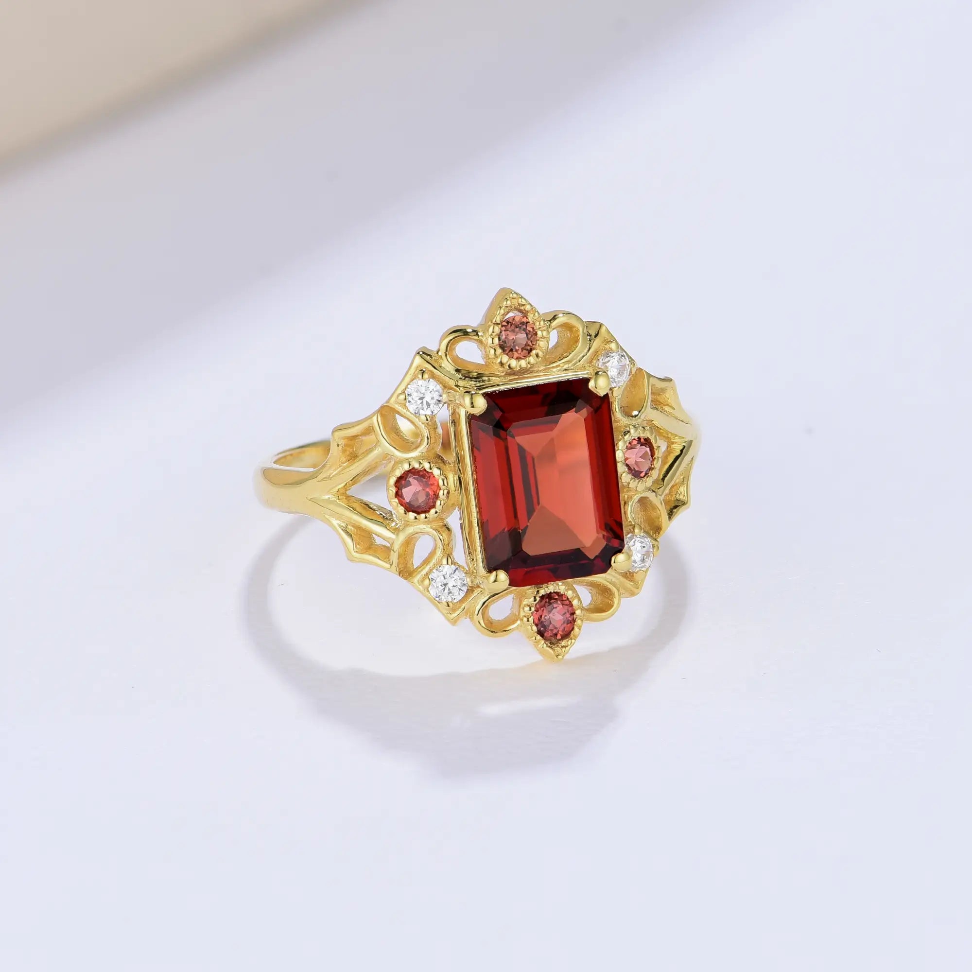 14k solid gold natural garnet red gemstone diamond cocktail ring