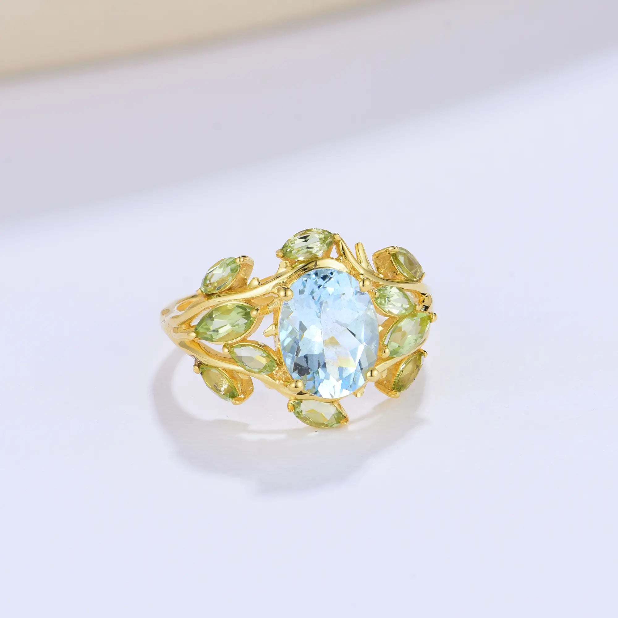 14k yellow gold sky blue aquamarine green peridot cocktail ring