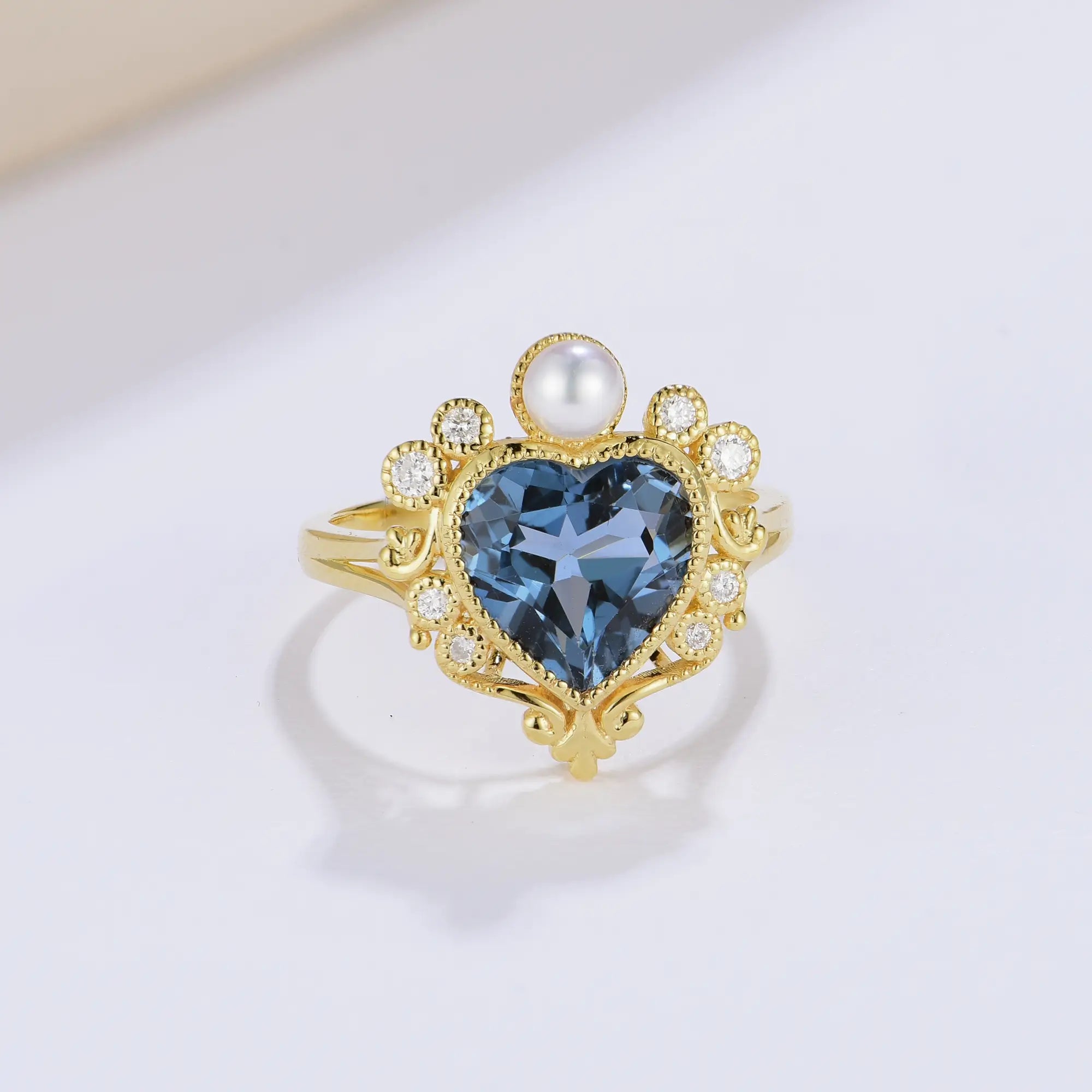 14k solid gold heart london blue topaz diamond pearl ring