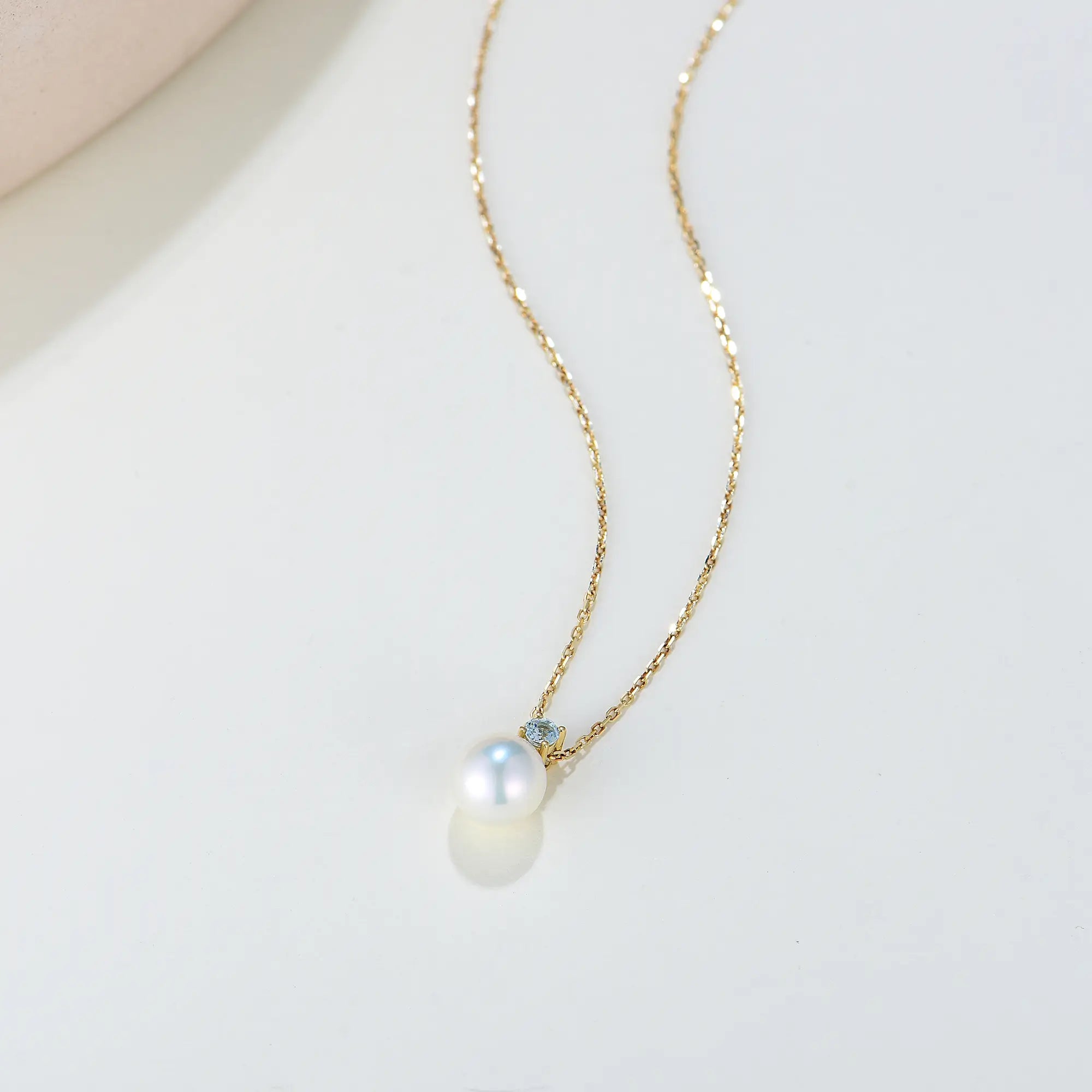 Birthstone Aquamarine Pearl Necklace in 14k yellow gold