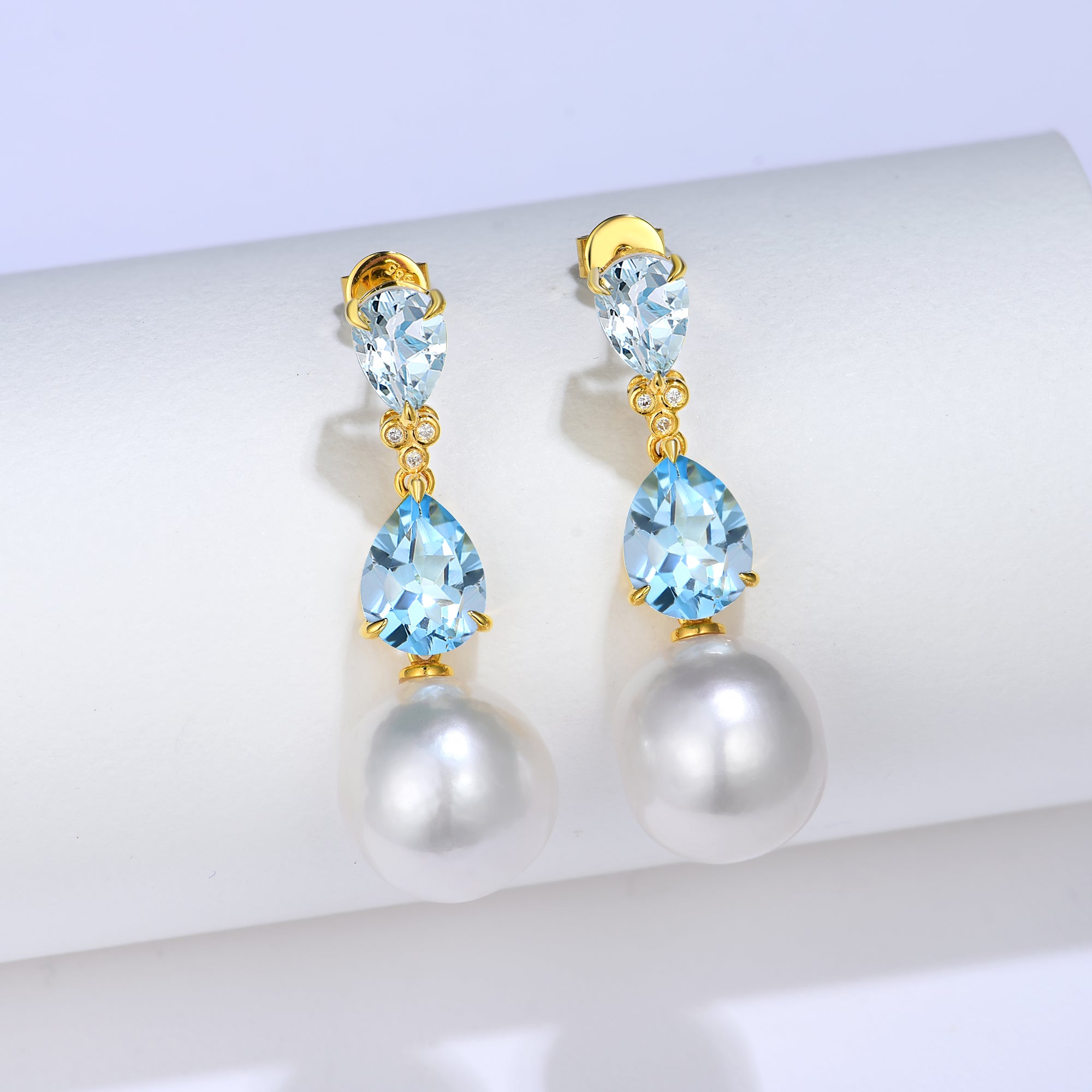 Divina Pear Aquamarine Topaz Diamond Pearl Convertible Drop Earrings