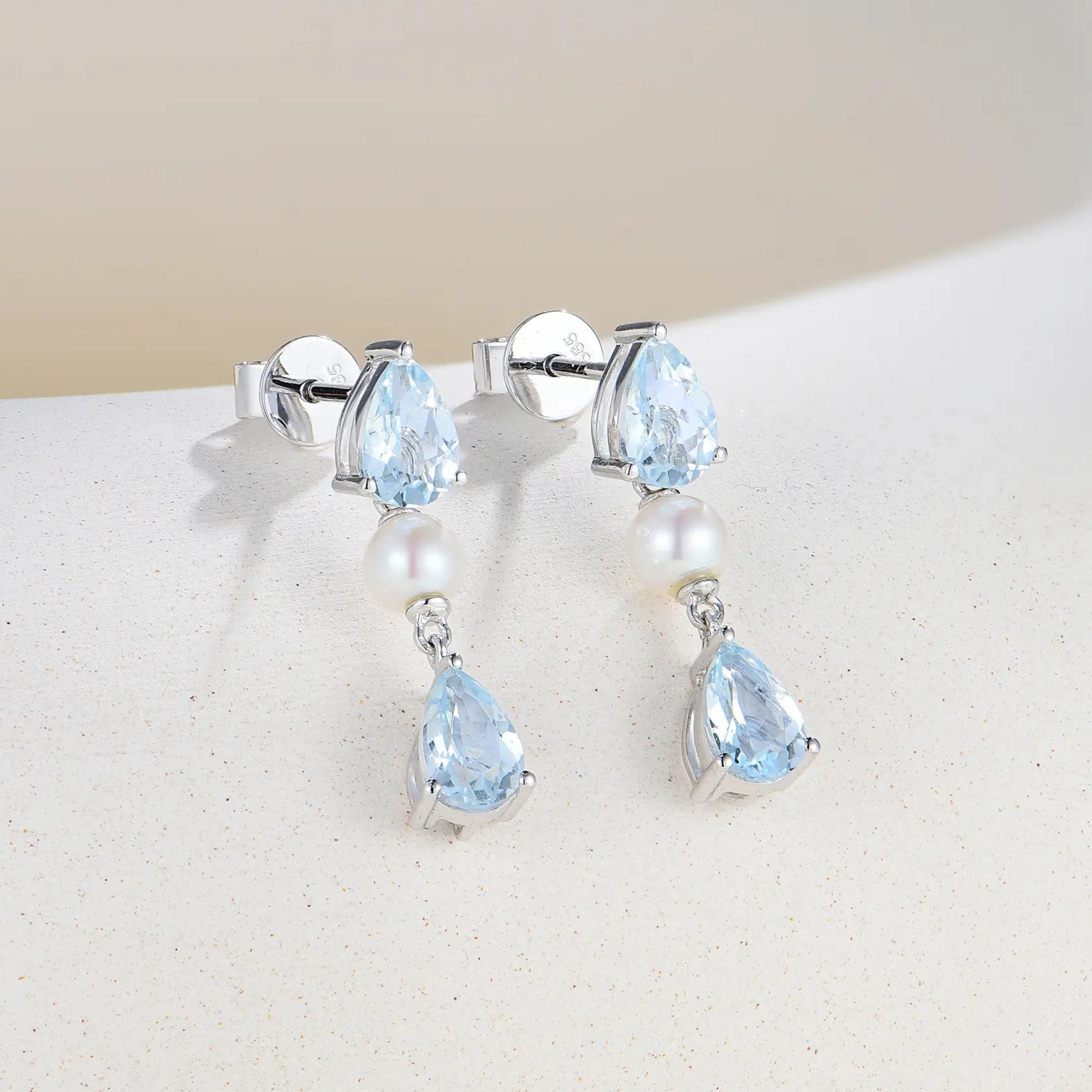 Venus Tears Natural Aquamarine Pearl Drop Earrings 14k white gold
