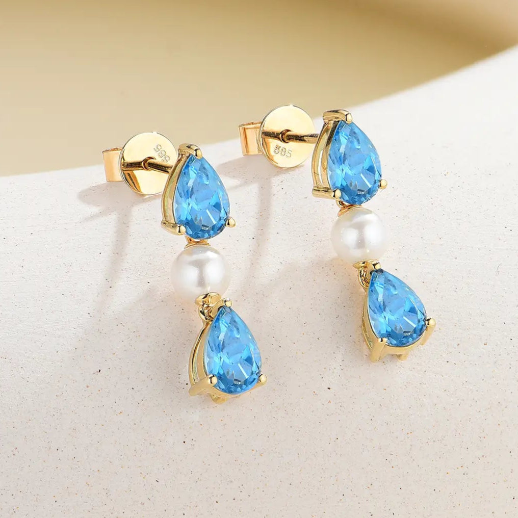 Venus Tears Natural Topaz Pearl Drop Earrings 14k yellow gold