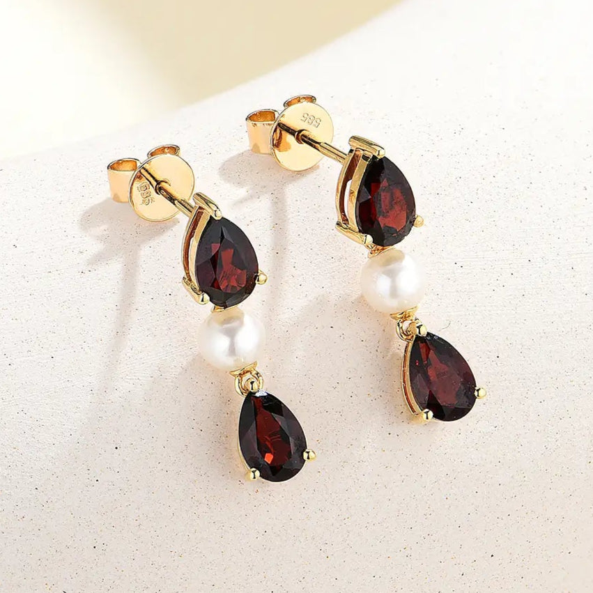 Venus Tears Natural Garnet Pearl Drop Earrings 14k yellow gold