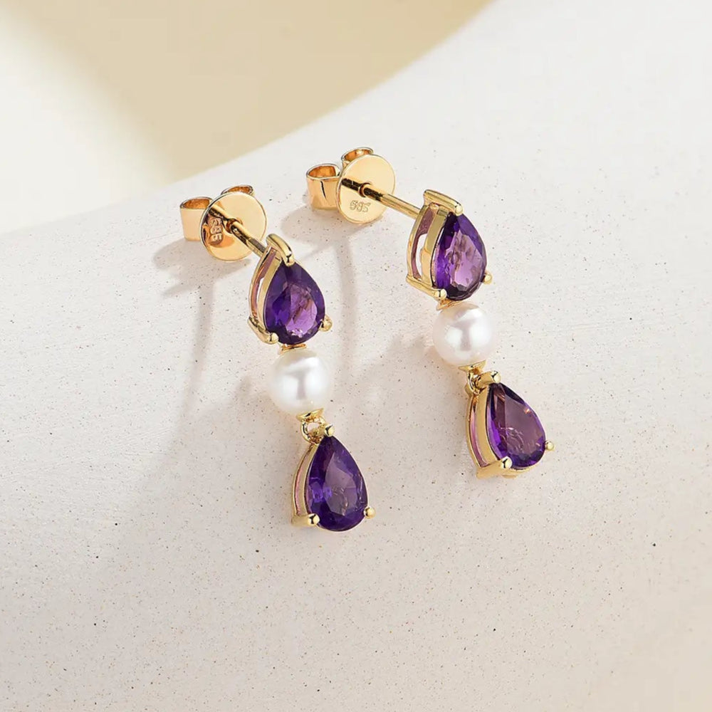 Venus Tears Natural Amethyst Cultured Pearl Drop Earrings 14k yellow gold
