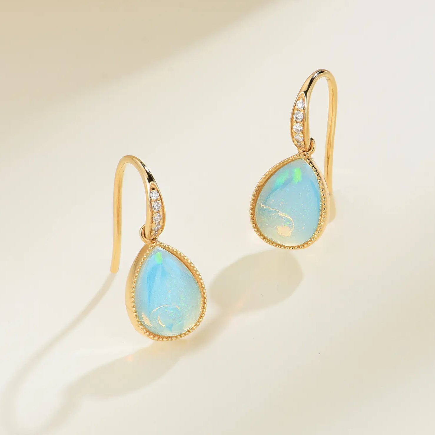 Aurora Pear Natural Fire Opal Diamond Drop Earrings 14k yellow gold