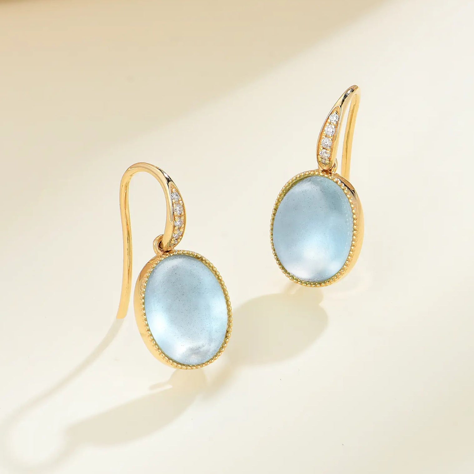 Aurora Oval Natural Aquamarine Diamond Drop Earrings 14k yellow gold