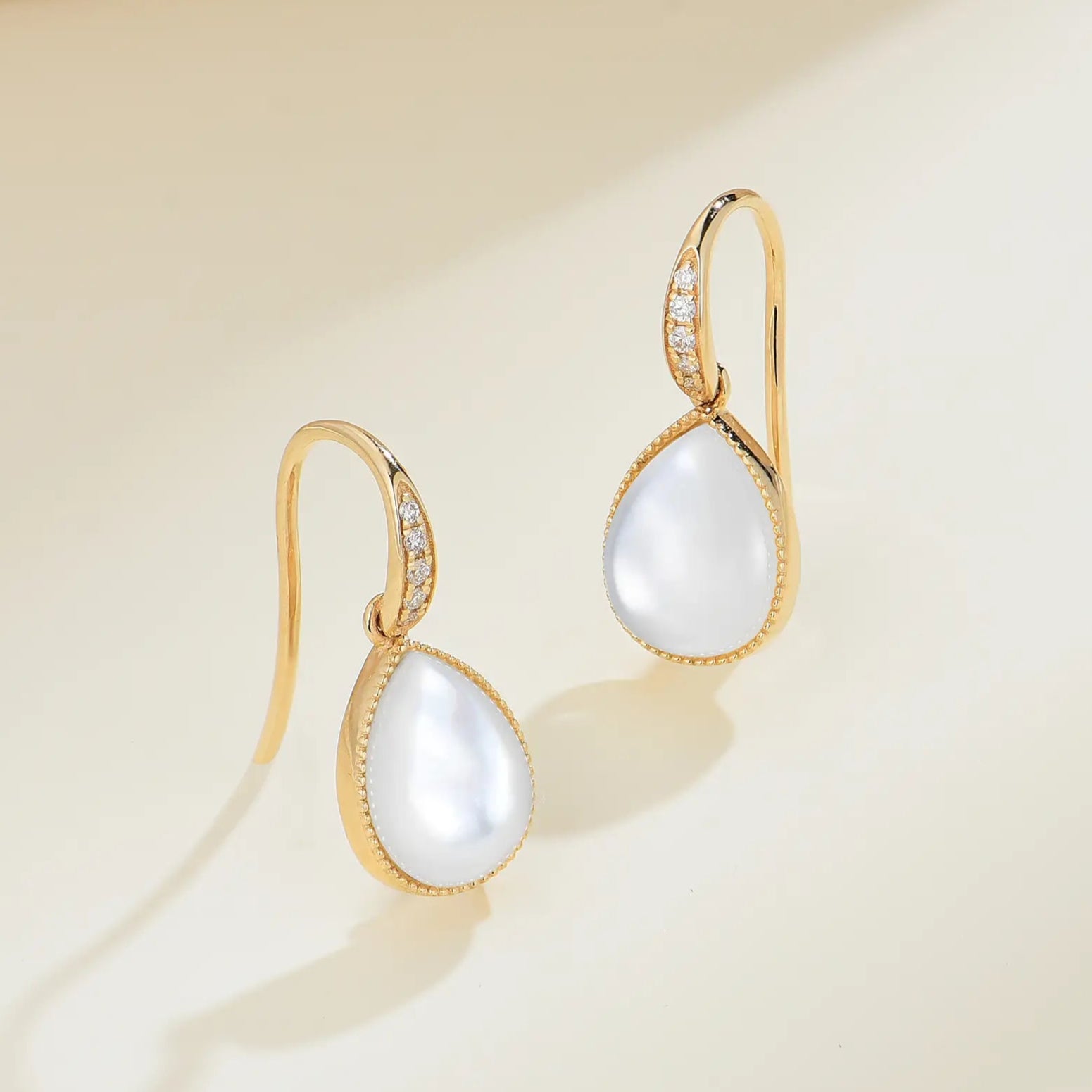 Aurora Natural Pear Mother of Pearl Diamond Drop Earrings 14k yellow gold