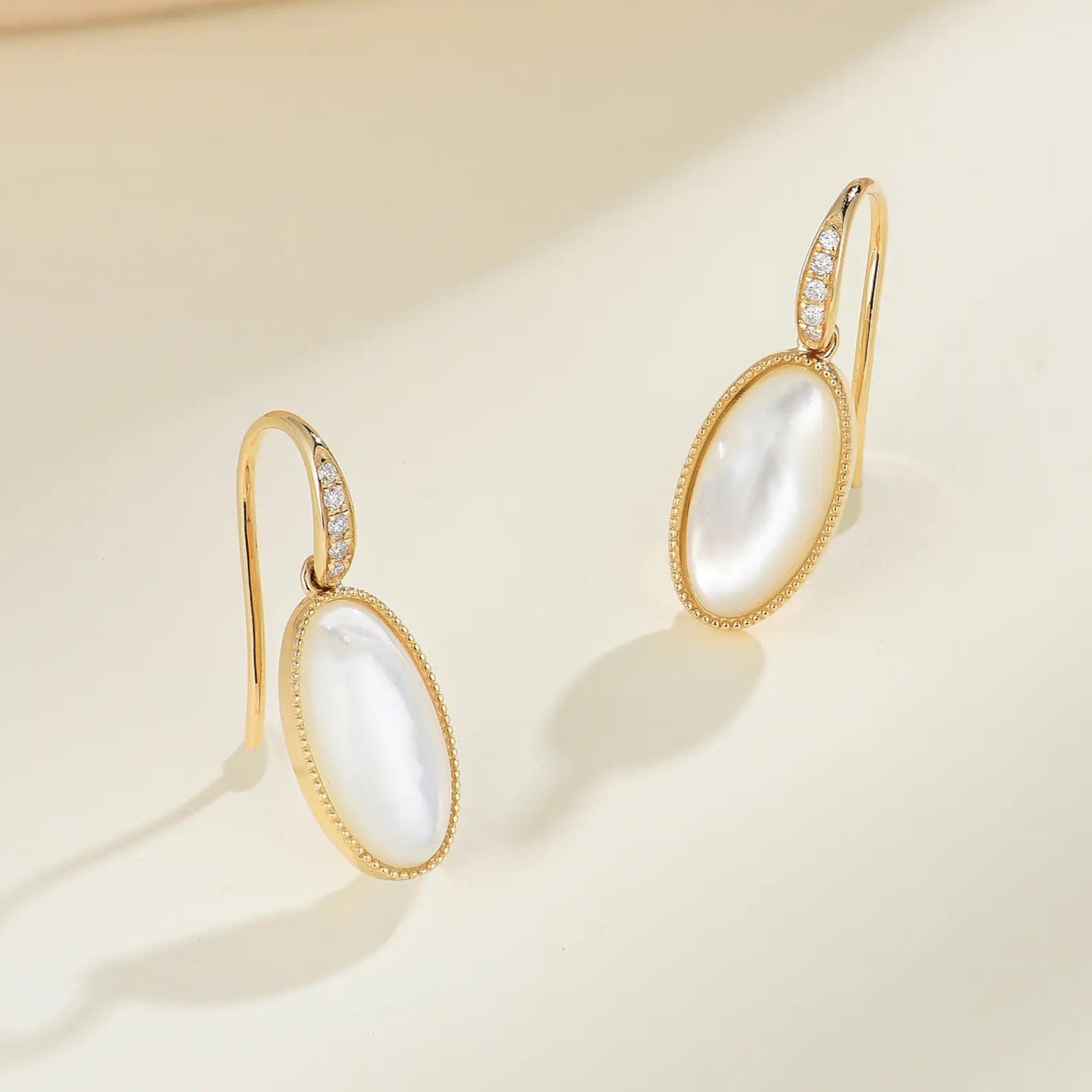 Aurora Oval Natural Mother of Pearl Diamond Drop Earrings 14k yellow gold