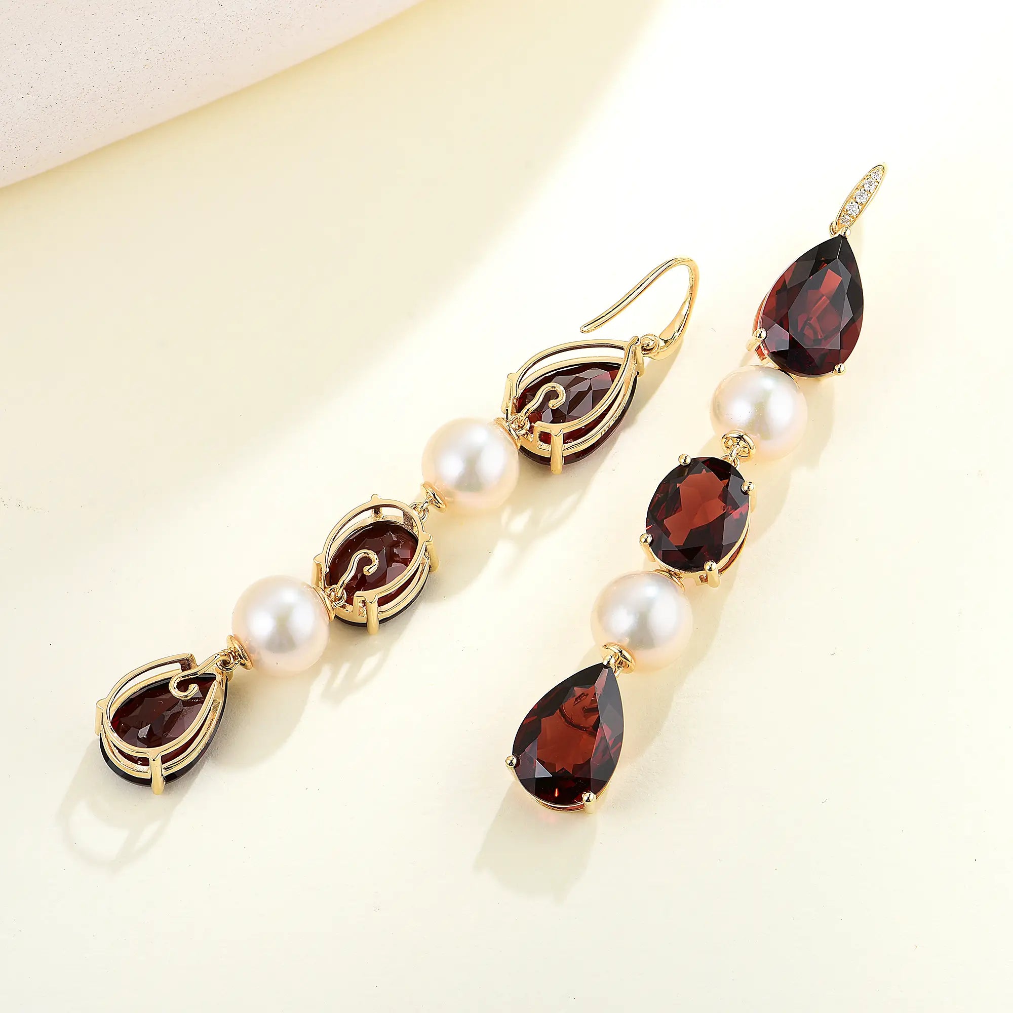 GemFusion Natural Garnet Diamond Pearl Convertible Drop Earrings 14k yellow gold