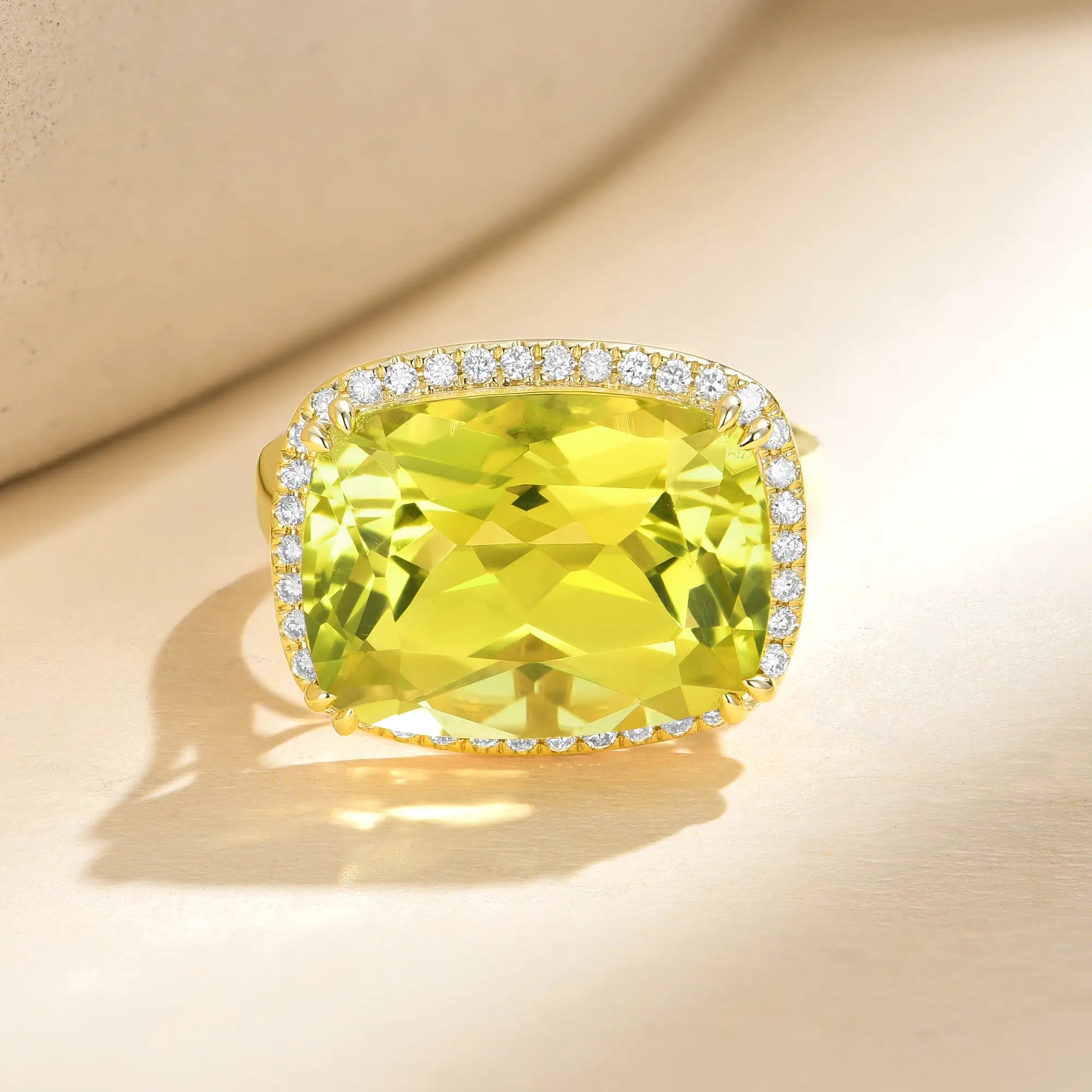 Kai Reflection Natural 11.30ctw Old Mine Cut Lemon Quartz & Lab-Diamond Diamond Ring in 14k Yellow Gold