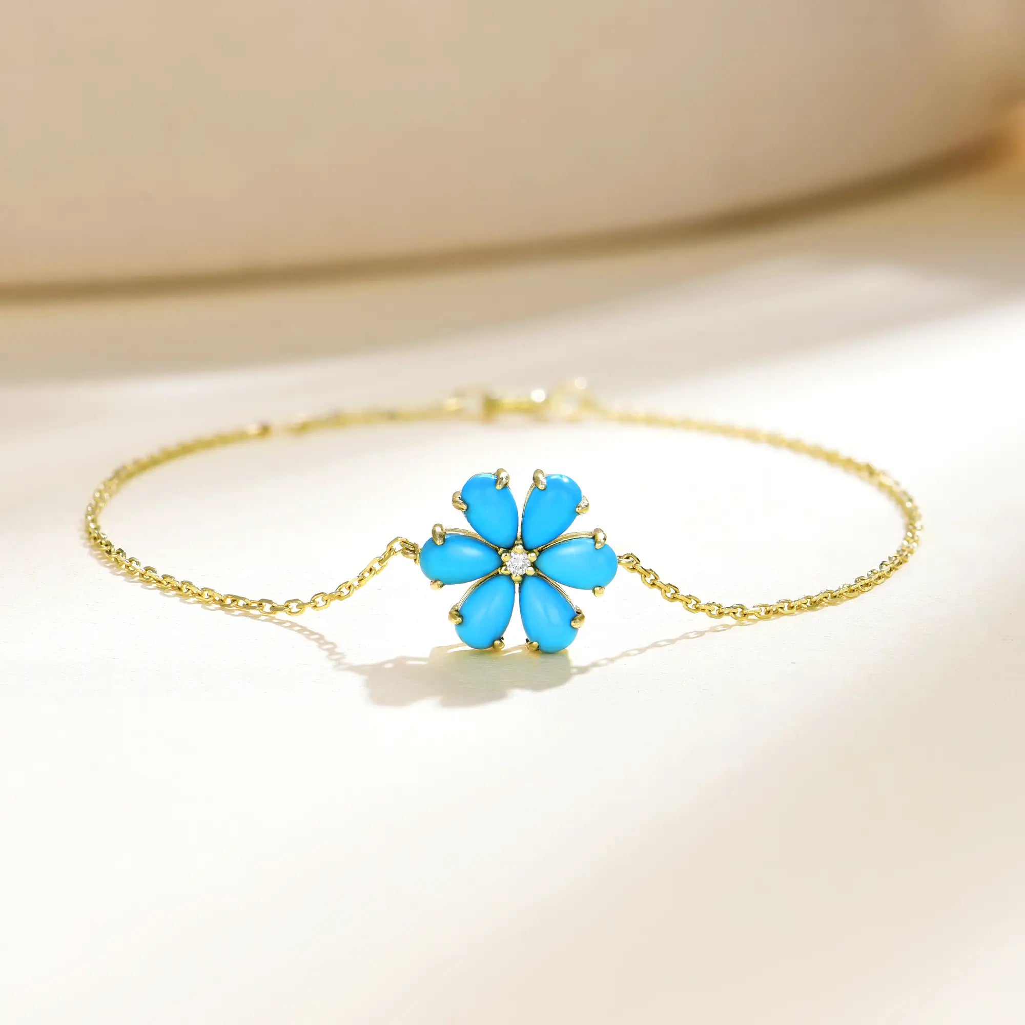 Flora Natural Turquoise Diamond Flower Bracelet 14k yellow gold